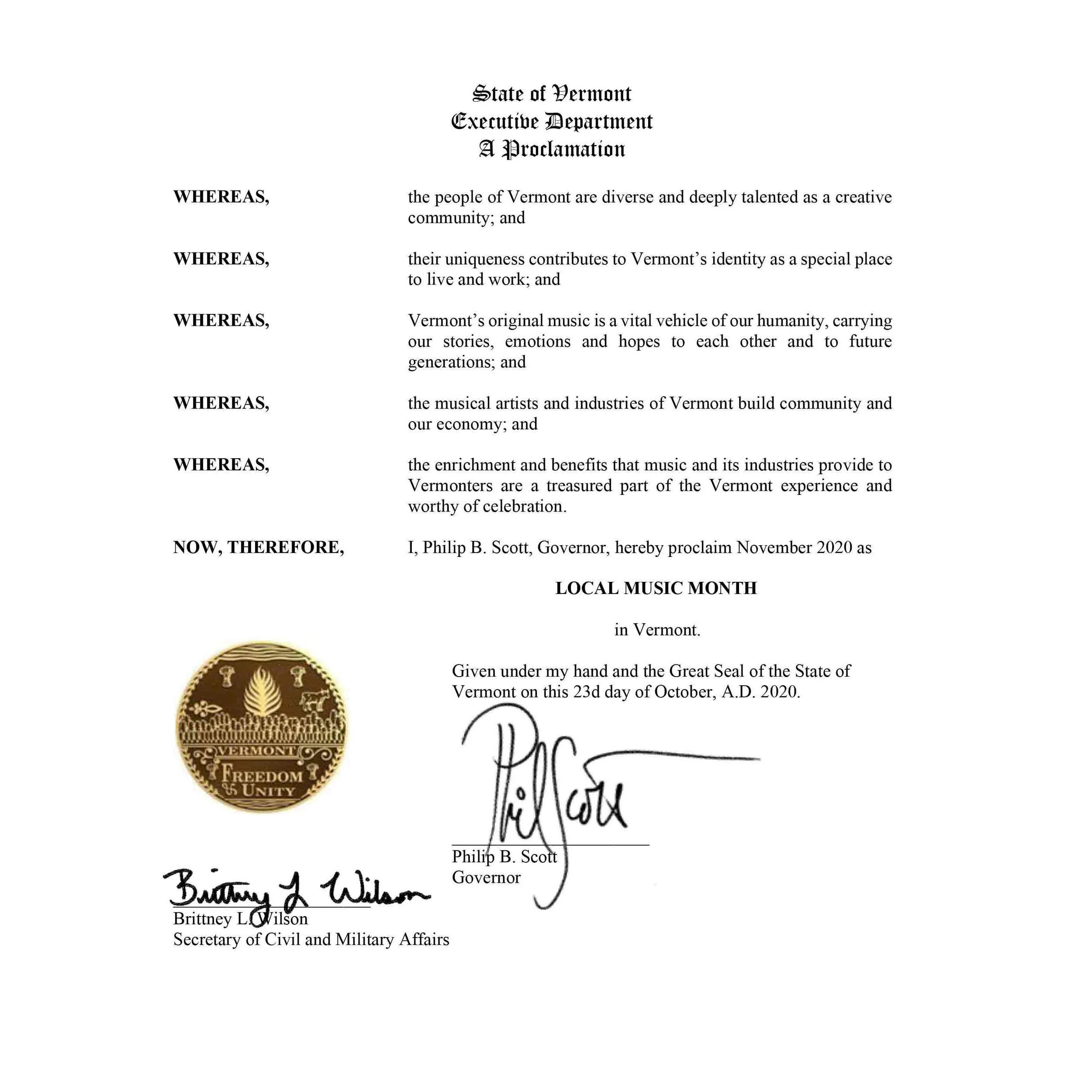 Governor Scott Proclaims November, "Local Music Month" in Vermont!