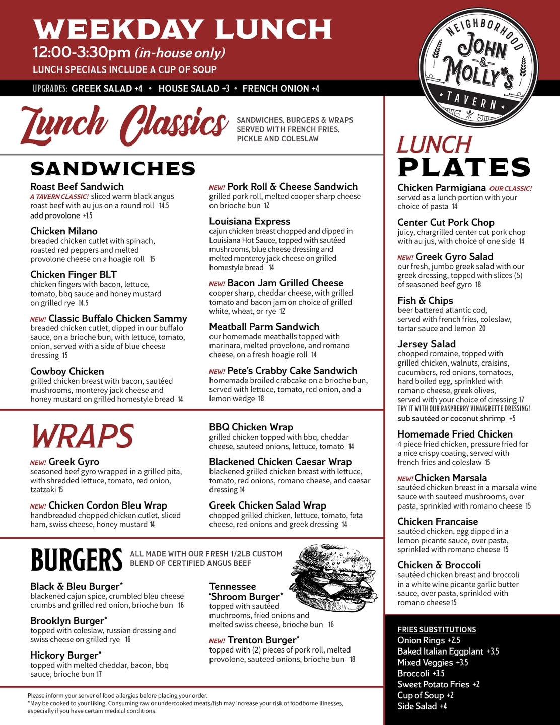 🍔 Our New Weekday Lunch Specials Begin this Tuesday! 🥗 

🥣 Come served with a cup of our homemade soup! 🥣 

Available Tuesdays through Fridays 12pm-3pm, not available for takeout.

#lunchtime #salads #burgers #wraps #chickenparm
