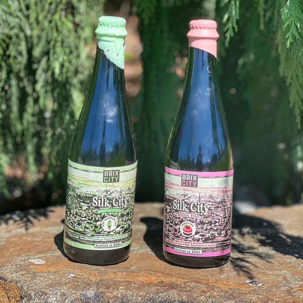 🌟 Brix City Silk City 2024 Bourbon Barrel Aged Bottles are here! Extremely limited, these bottles are available in 500ml for in-house or Packaged Goods To-Go! 🌟 

Silk City (2024) BBA Neapolitan // 10.5% abv // Inspired by a popular combination of 