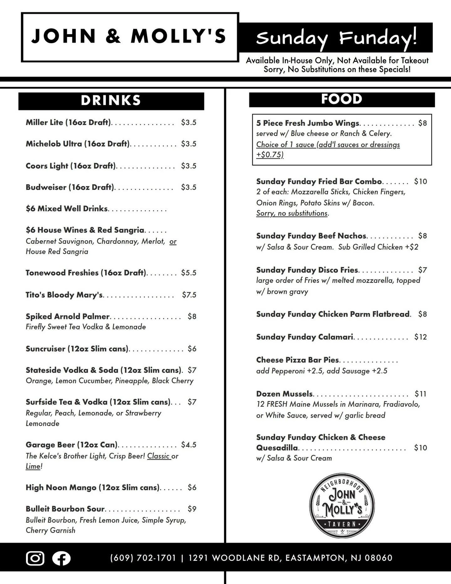 🏈 No football? No problem.
🍻 Sunday Funday is still here!

Your favorite all-day happy hour is ready to go with drink and food specials from open to close.
Grab a seat, bring some family and friends, and make your own Sunday tradition.

Check out t