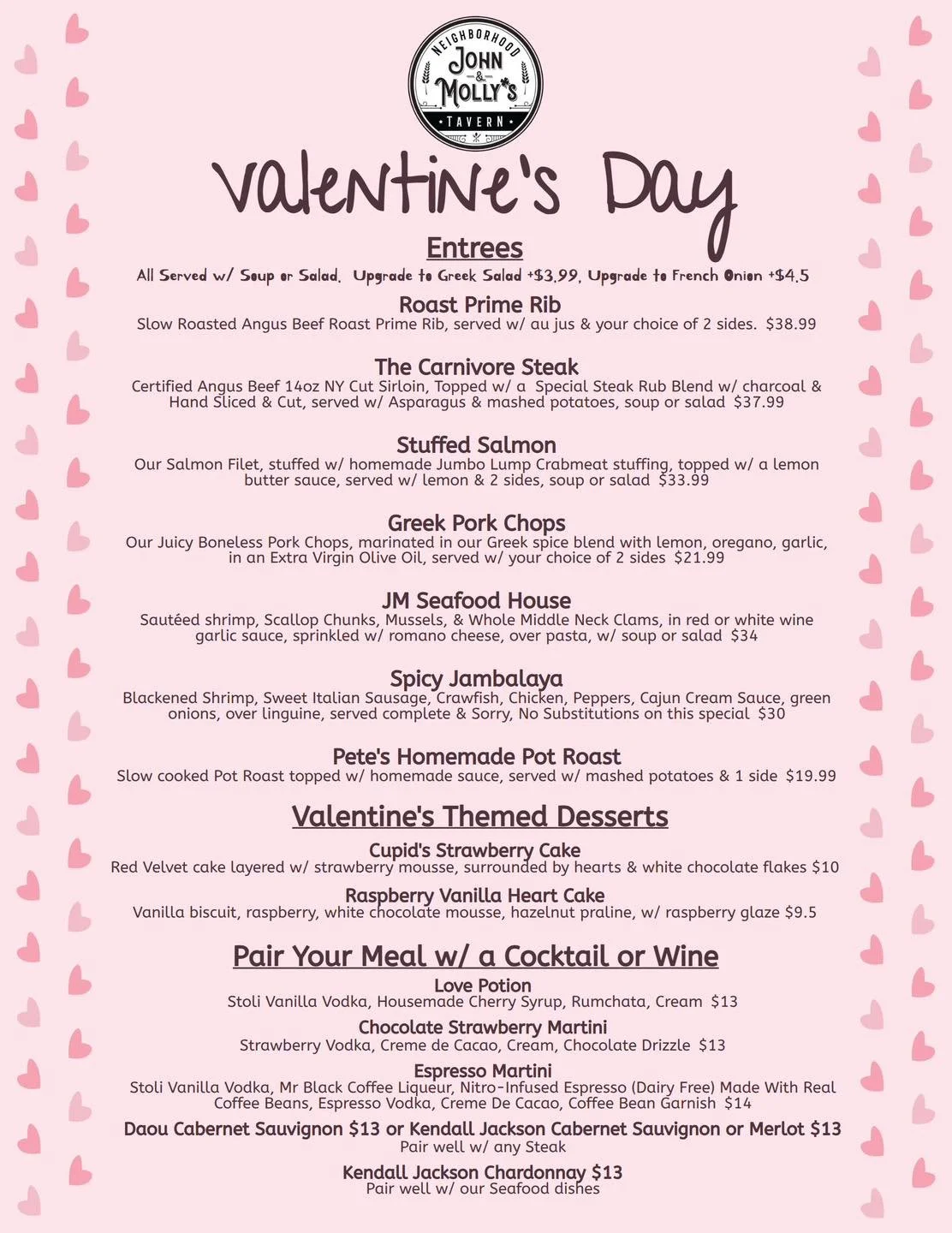 ❤️ Valentine&rsquo;s Day at John &amp; Molly&rsquo;s Tavern ❤️

Celebrate Valentine&rsquo;s Day with us and enjoy our special features, crafted just for the occasion. 🍷✨
Whether it&rsquo;s date night, friends night, or a family dinner, we&rsquo;ve g
