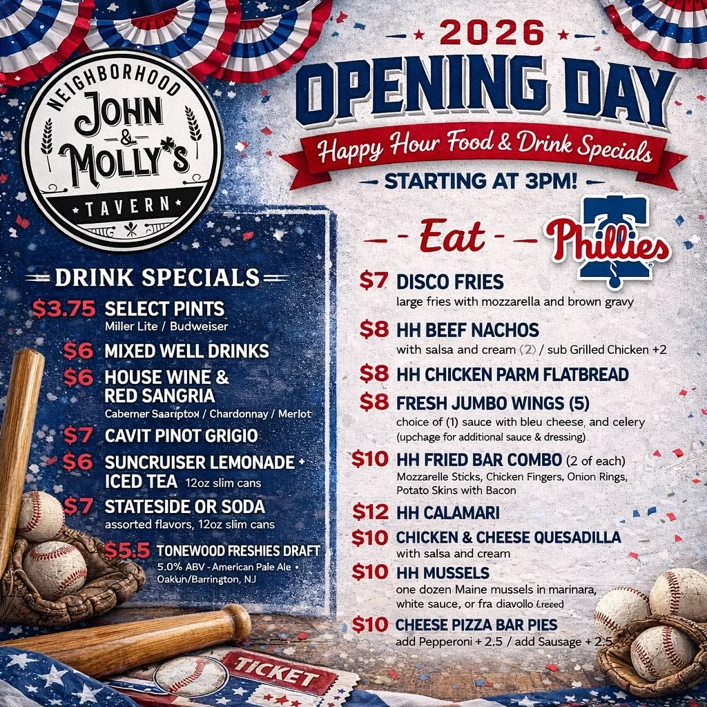 ⚾️🔔 PHILLIES OPENING DAY IS HERE! 🔔⚾️

Join us this Thursday, March 26th to kick off the season the right way 🍻🔥

🕒 Happy Hour Specials start at 3PM
🍺 Ice cold drinks
🍴 Your favorite bar bites
⚾️ Game day vibes all afternoon

Grab your crew, r