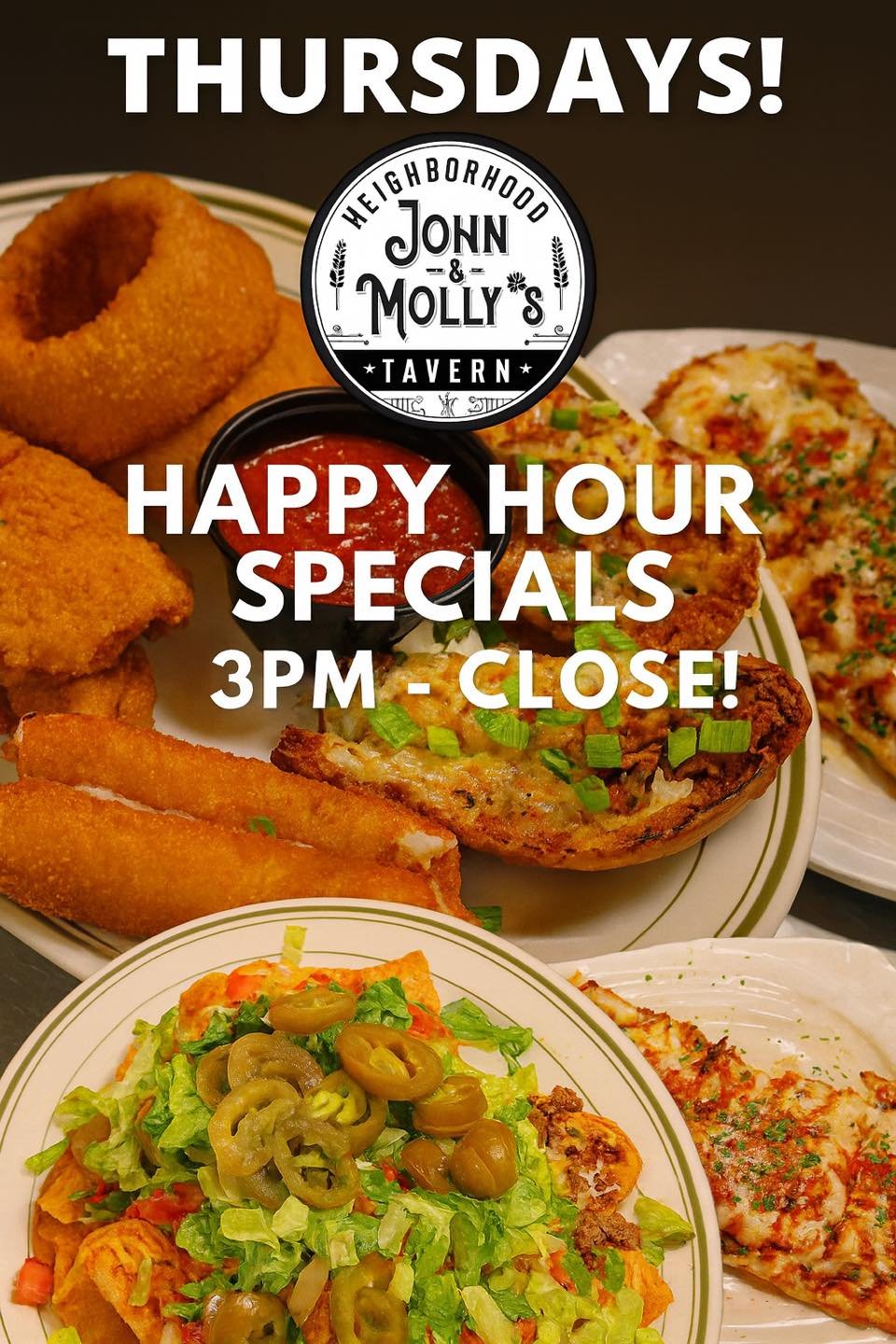 🎉 Thursdays at John &amp; Molly&rsquo;s! 🎉
Happy Hour Specials 🍻 3PM - Close!

Enjoy:
🍺 $3.75 Select Pints &mdash; Miller Lite &amp; Budweiser
🍸 $6 Mixed Drinks &amp; House Wine
🍷 $7 Cavit Pinot Grigio
🍋 Suncruiser, Surfside Tea, and more!

Pl