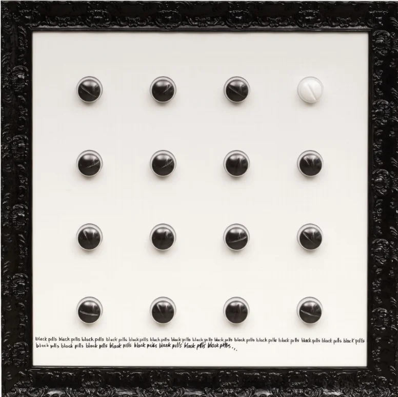 Little Black Pills, 2018 acrylic and mixed media 113 x 113 x 10cm (sold)
