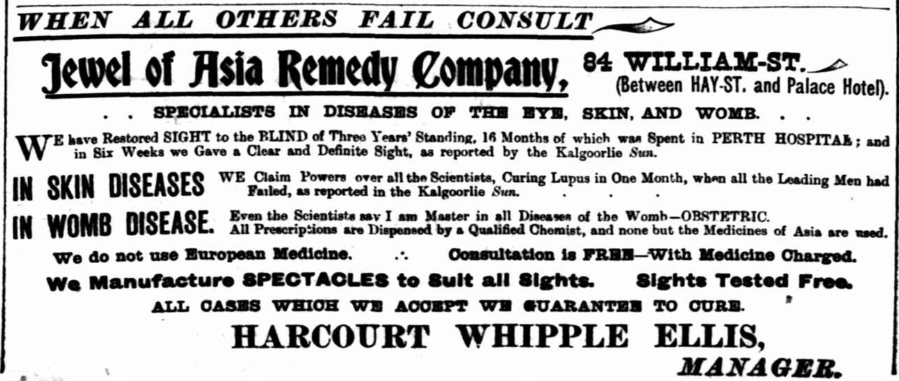 Harcourt Whipple Ellis’ ad ‘Jewel of Asia Remedy Company’ in The Sunday Times, 28 September 1902.