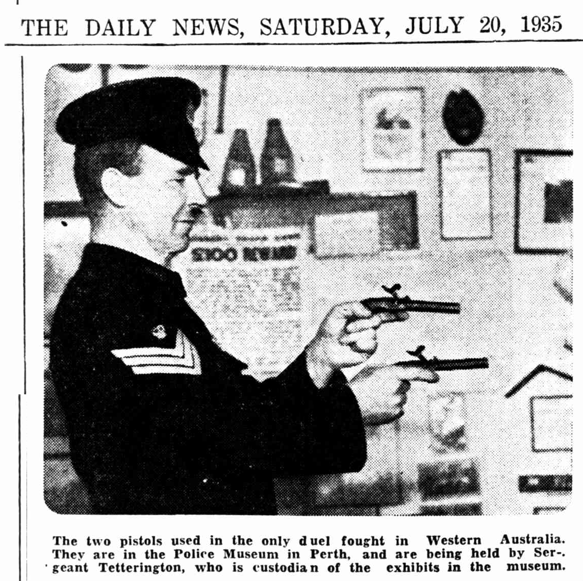 The West Australian, 5 January 1933 (Image of the policeman holding the pistols).