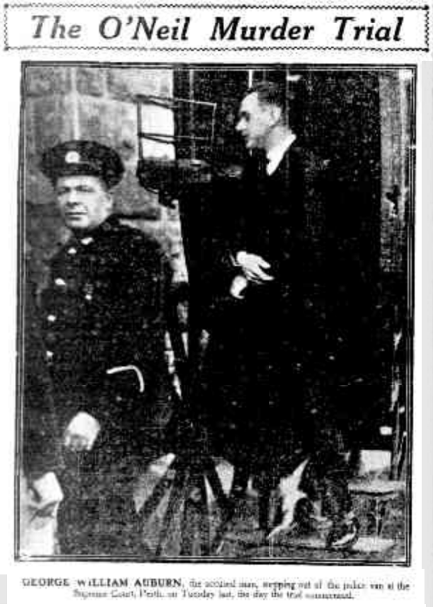 George William Auburn, the accused, stepping out of the police van at the start of the trial. The Sunday Times, 15 June 1924.