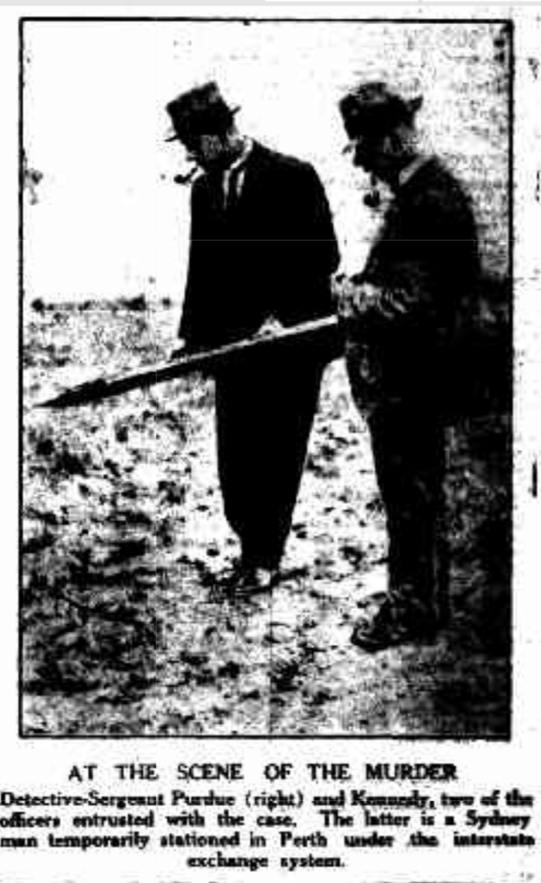 Detective Sergeants Purdue (right) and Kennedy at the crime scene. Mirror, April 12 1924.