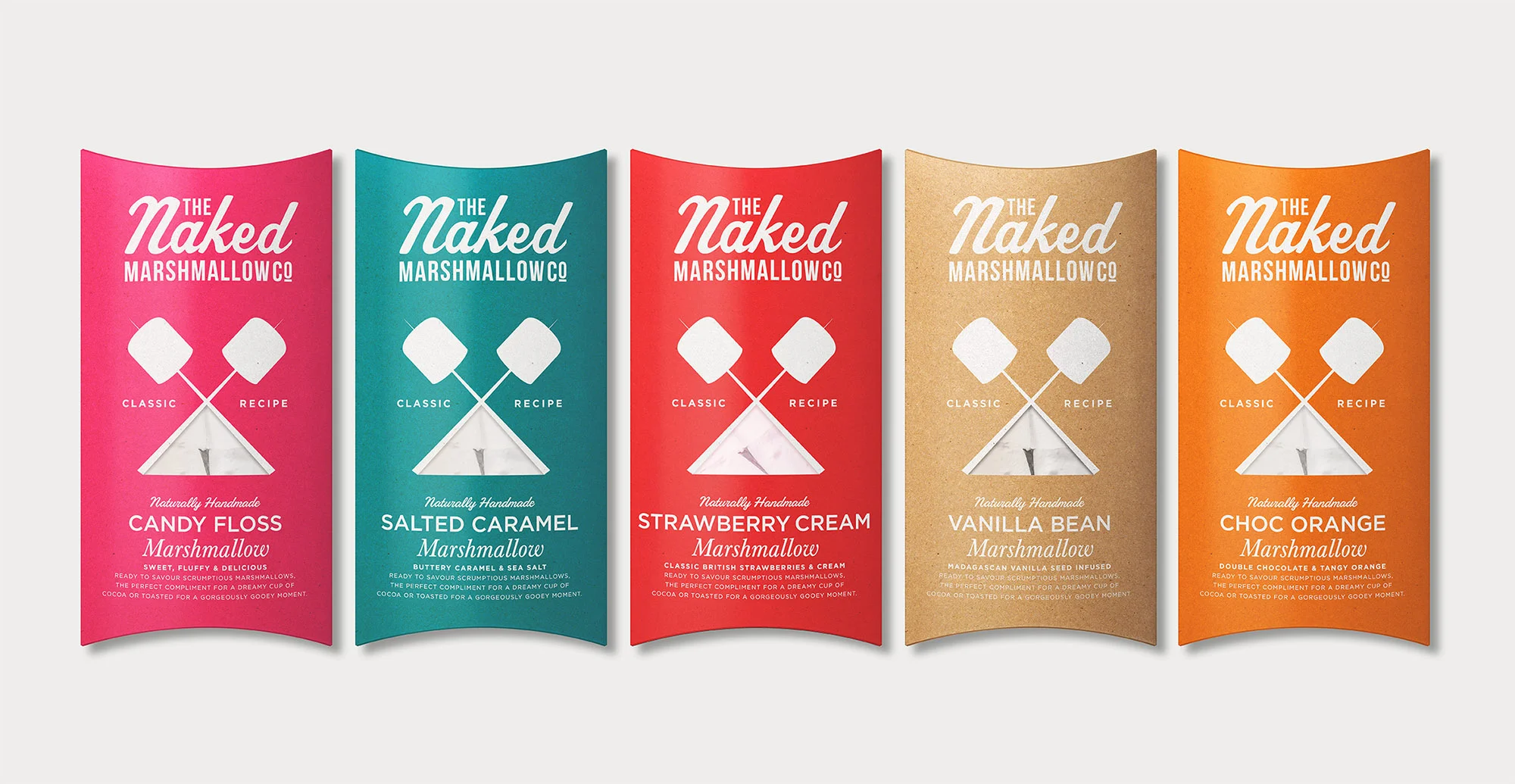 Branding and packaging design for confectionary brand The Naked Marshmallow Co by Design Happy London - packaging Range