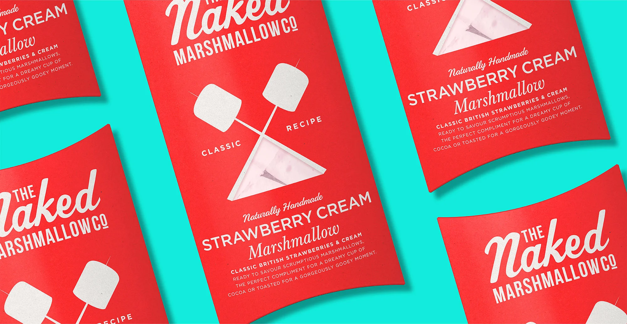 Branding and packaging design for confectionary brand The Naked Marshmallow Co by Design Happy London - Strawberry Cream packaging design