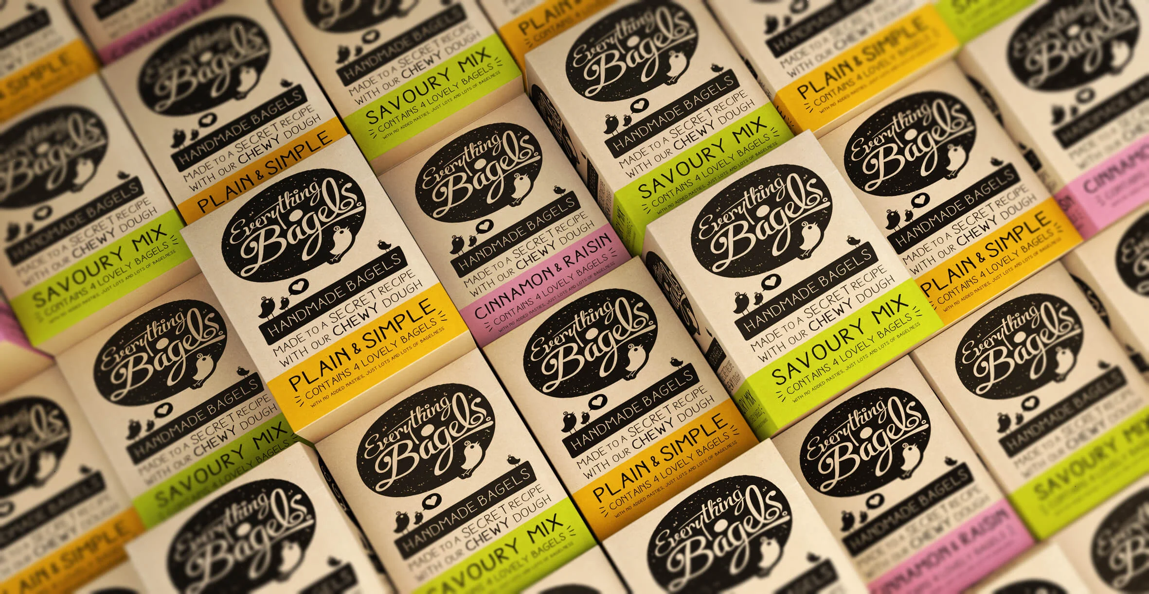 Food packaging design and brand identity for artisanal food brand Everything Bagels by Design Happy London - Range of natural packaging design
