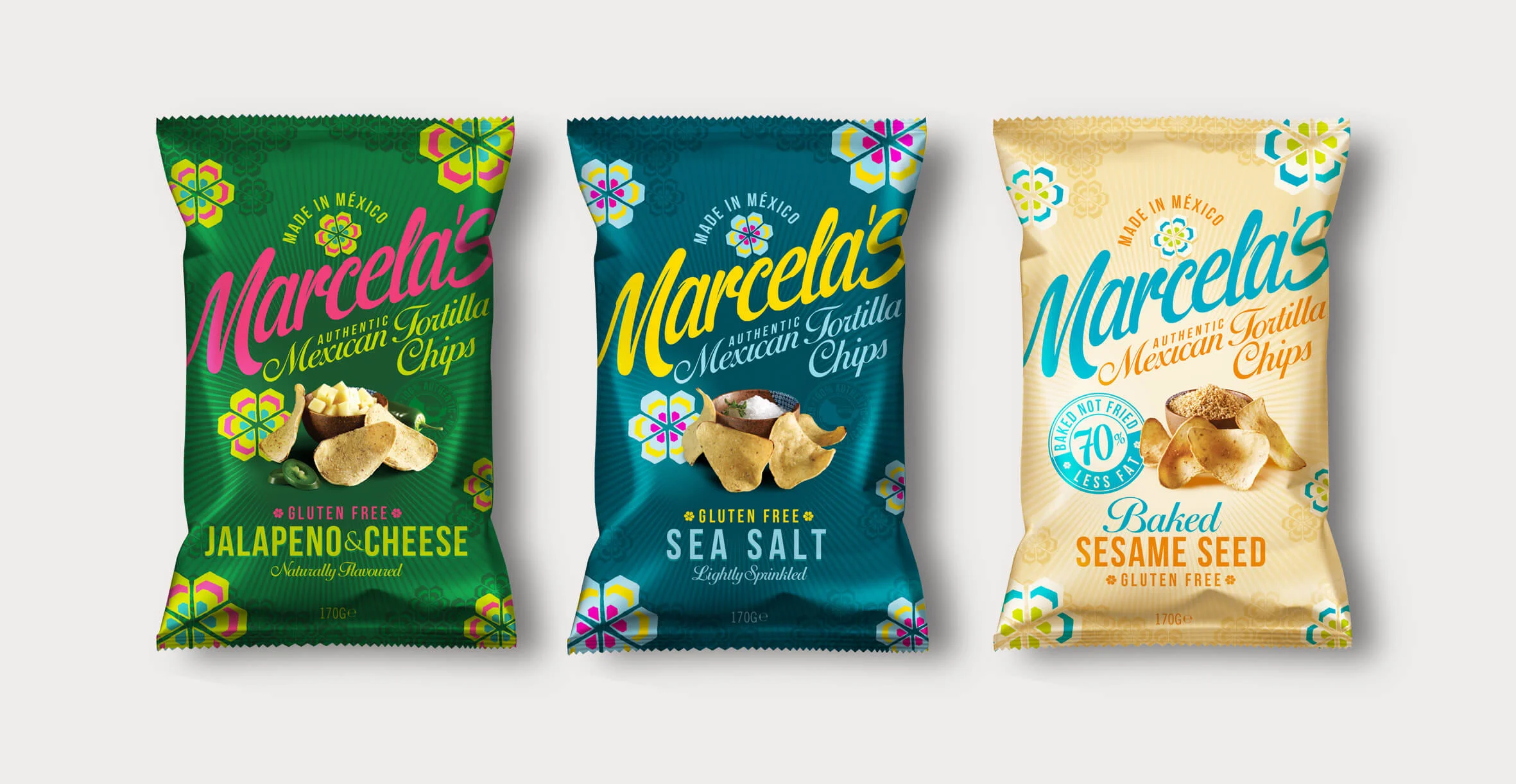 Food packaging design and brand identity for mexican food brand Marcela by Design Happy London - Range of bag designs for marcela tortillas chips
