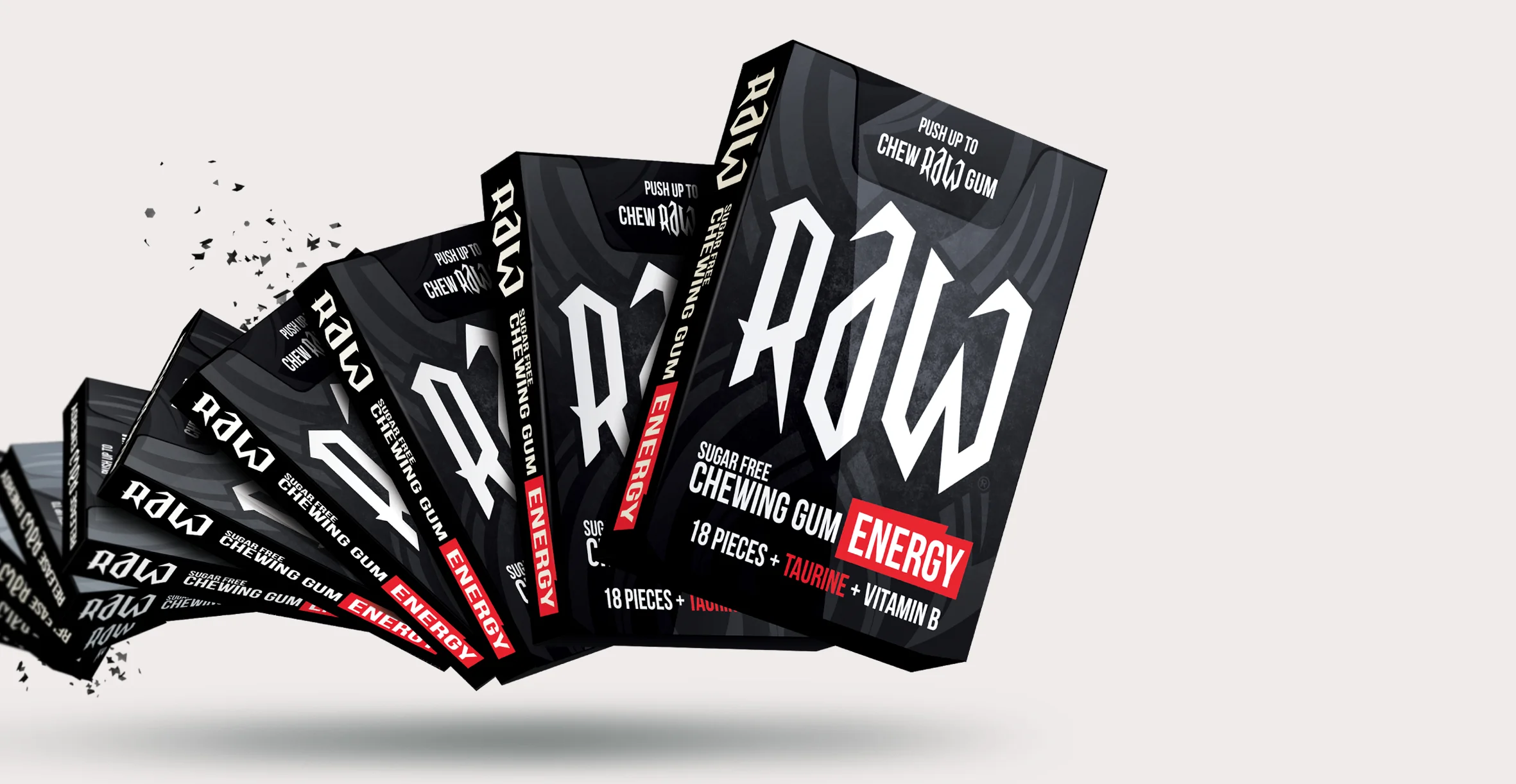 Confectionary packaging design and branding for chewing gum brand Raw by Design Happy London - Youth market chewing gum box packaging