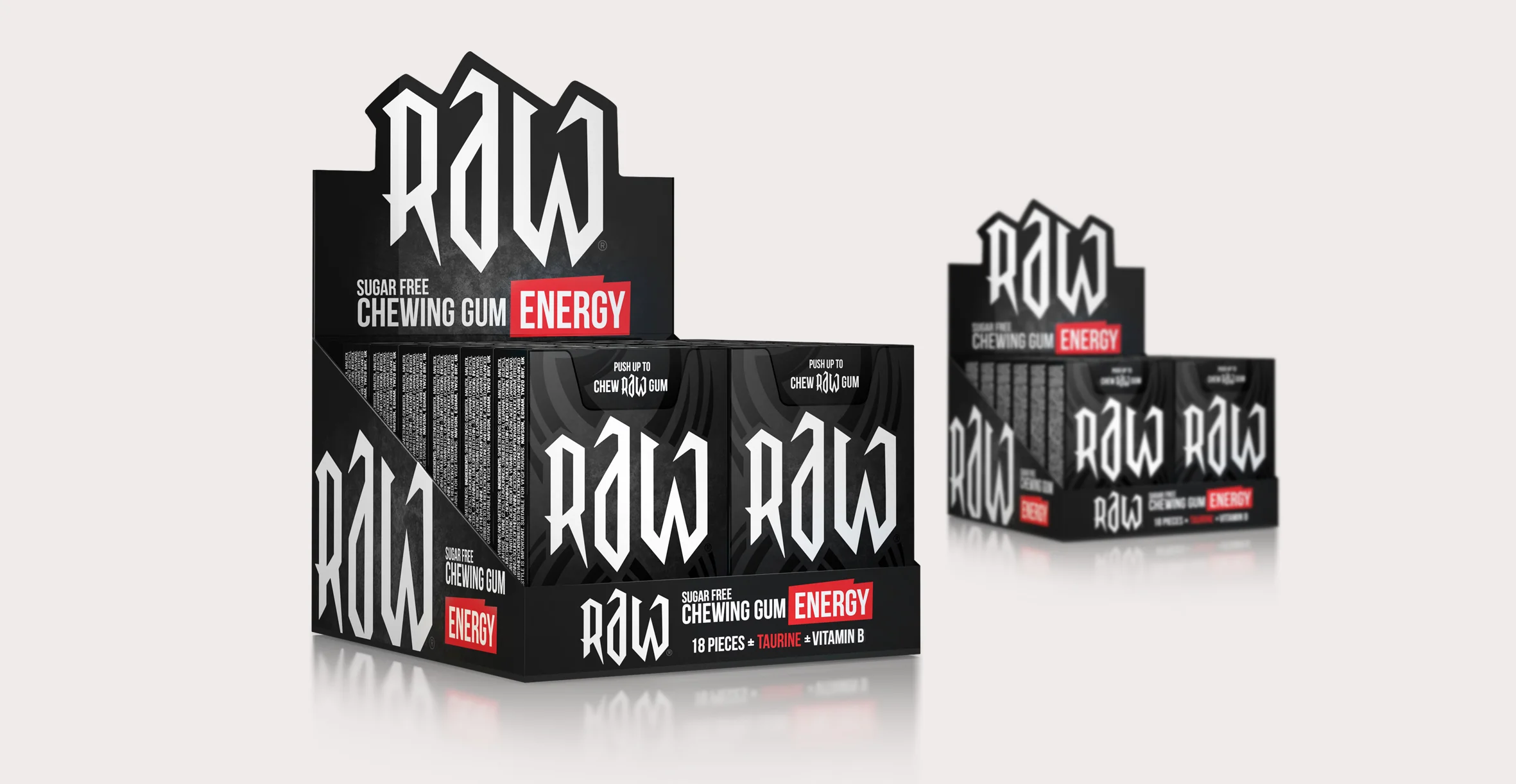 Confectionary packaging design and branding for chewing gum brand Raw by Design Happy London - Shelf ready packaging