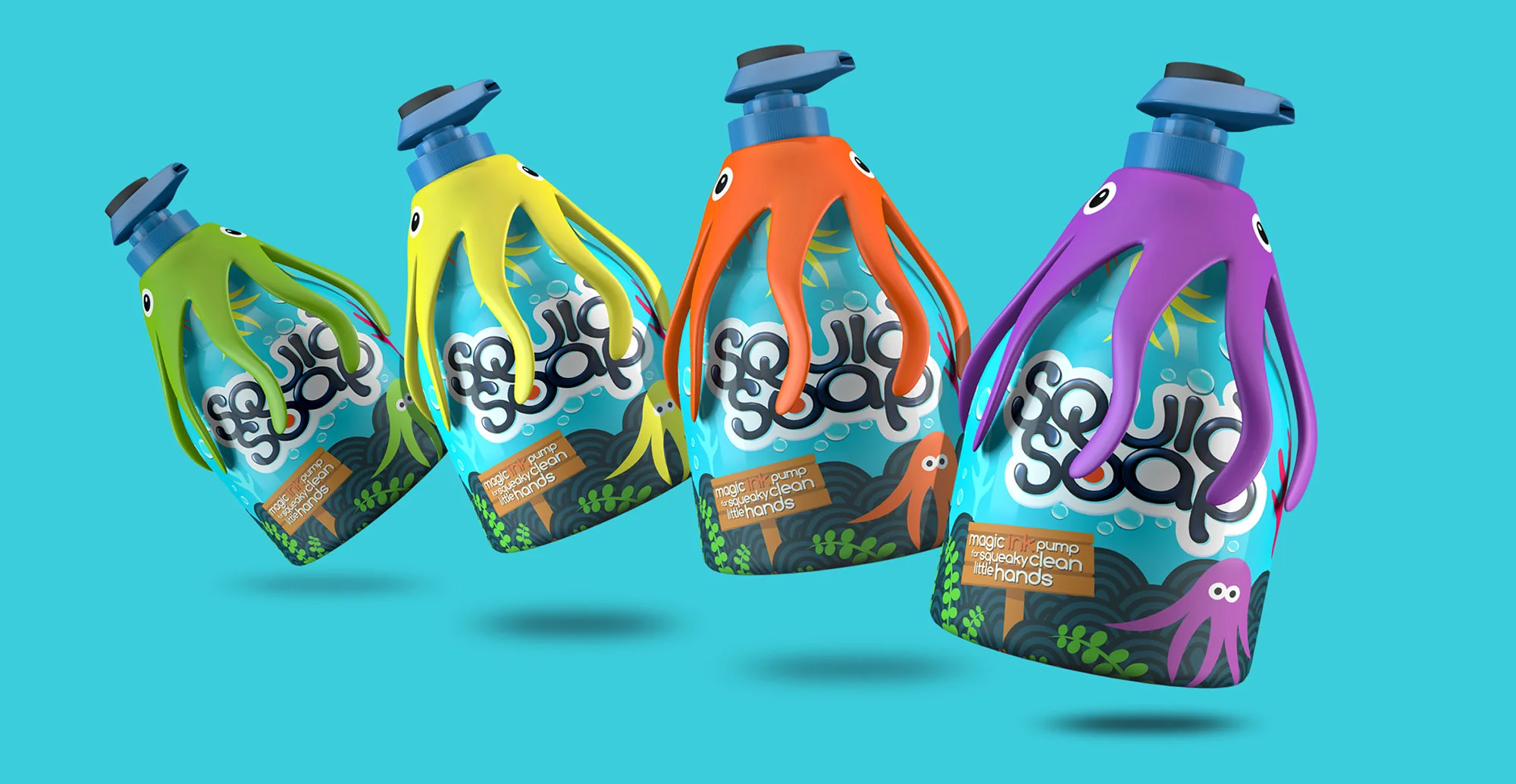 Toiletries packaging design and branding for children's bath product Squid Soap - range extension