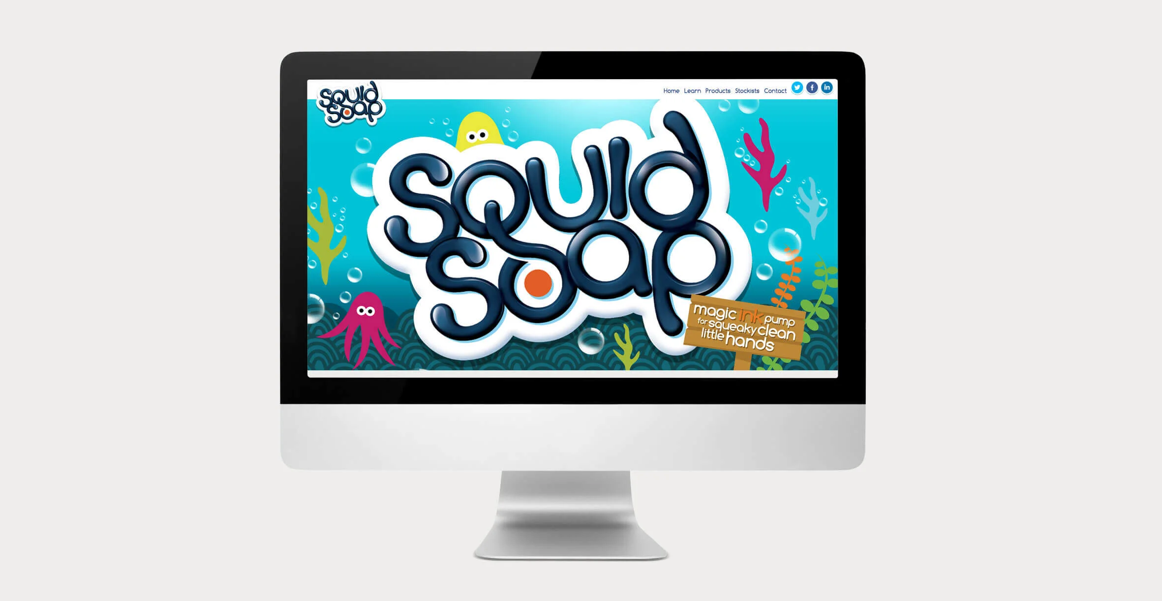 Toiletries packaging design and branding for children's bath product Squid Soap - website design