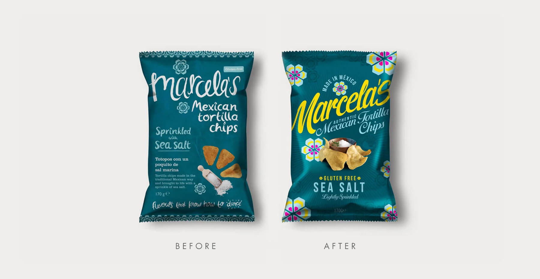 Food packaging design and brand identity for Mexican food brand Marcela by Design Happy London - Before and after packaging design