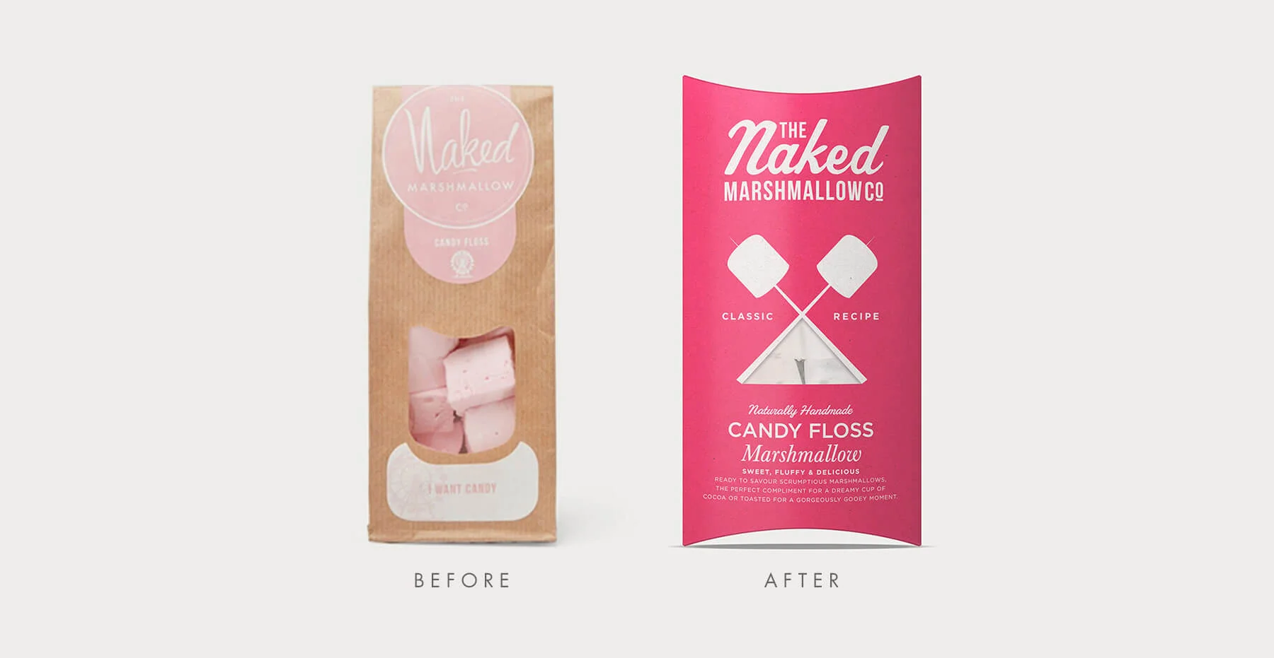 Branding and packaging design for confectionary brand The Naked Marshmallow Co by Design Happy London - Before and after packaging design