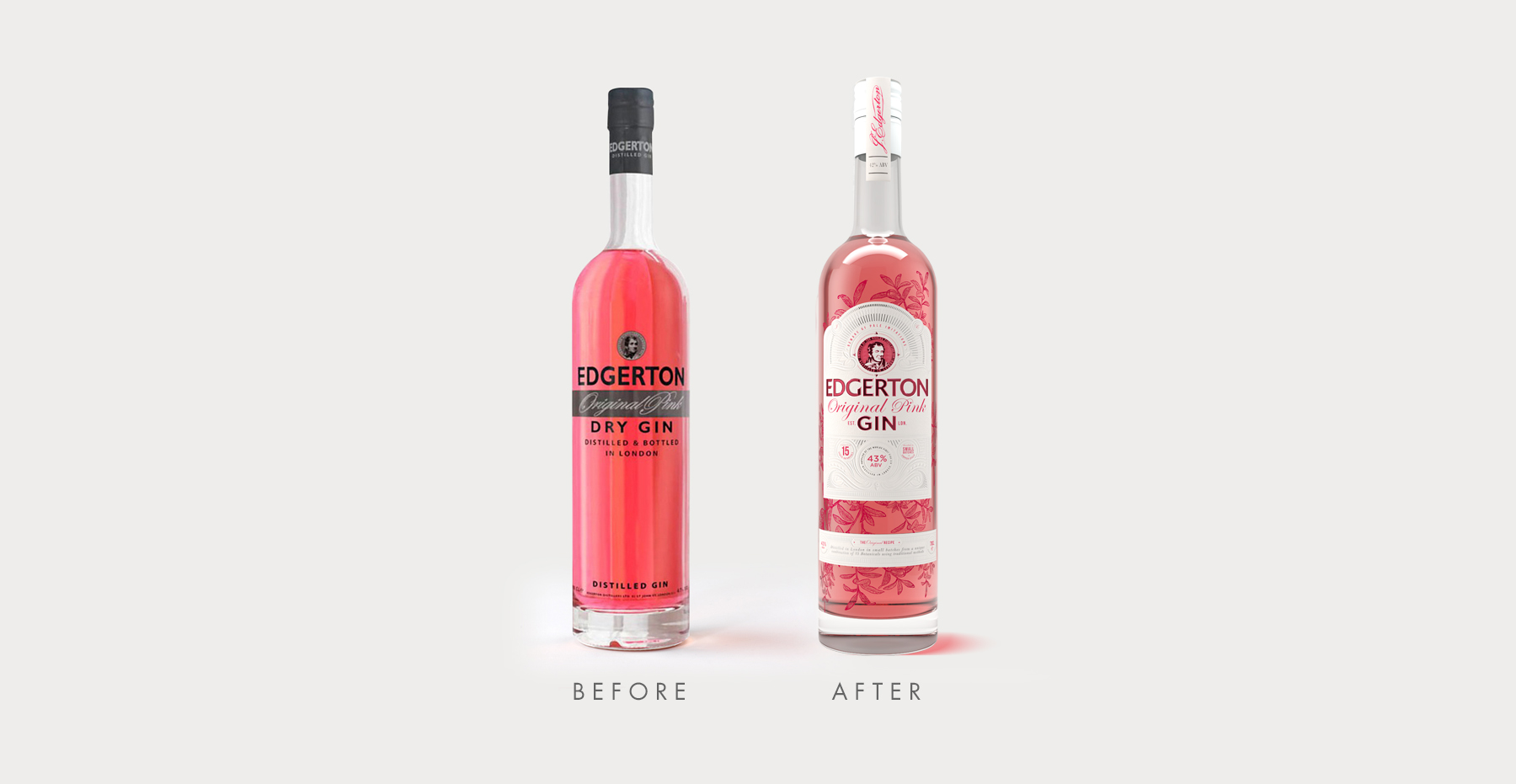 Brand identity and gin bottle label design for Edgerton Gin by Design Happy London - Before and after packaging design
