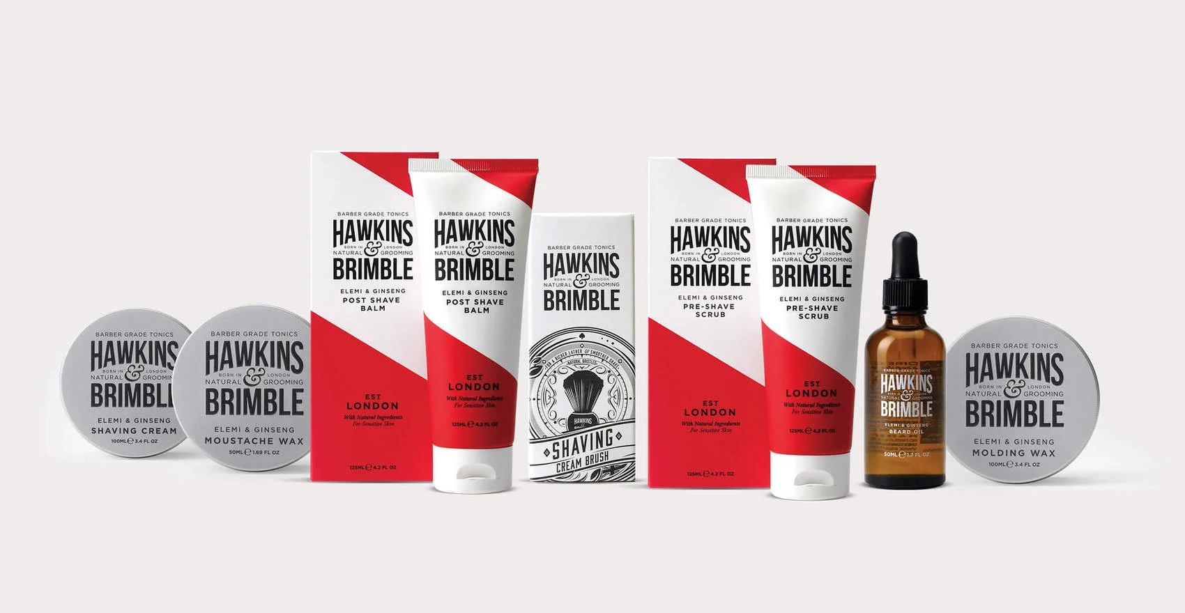 Branding and packaging design for male grooming brand Hawkins and Brimble by Design Happy London - Full range