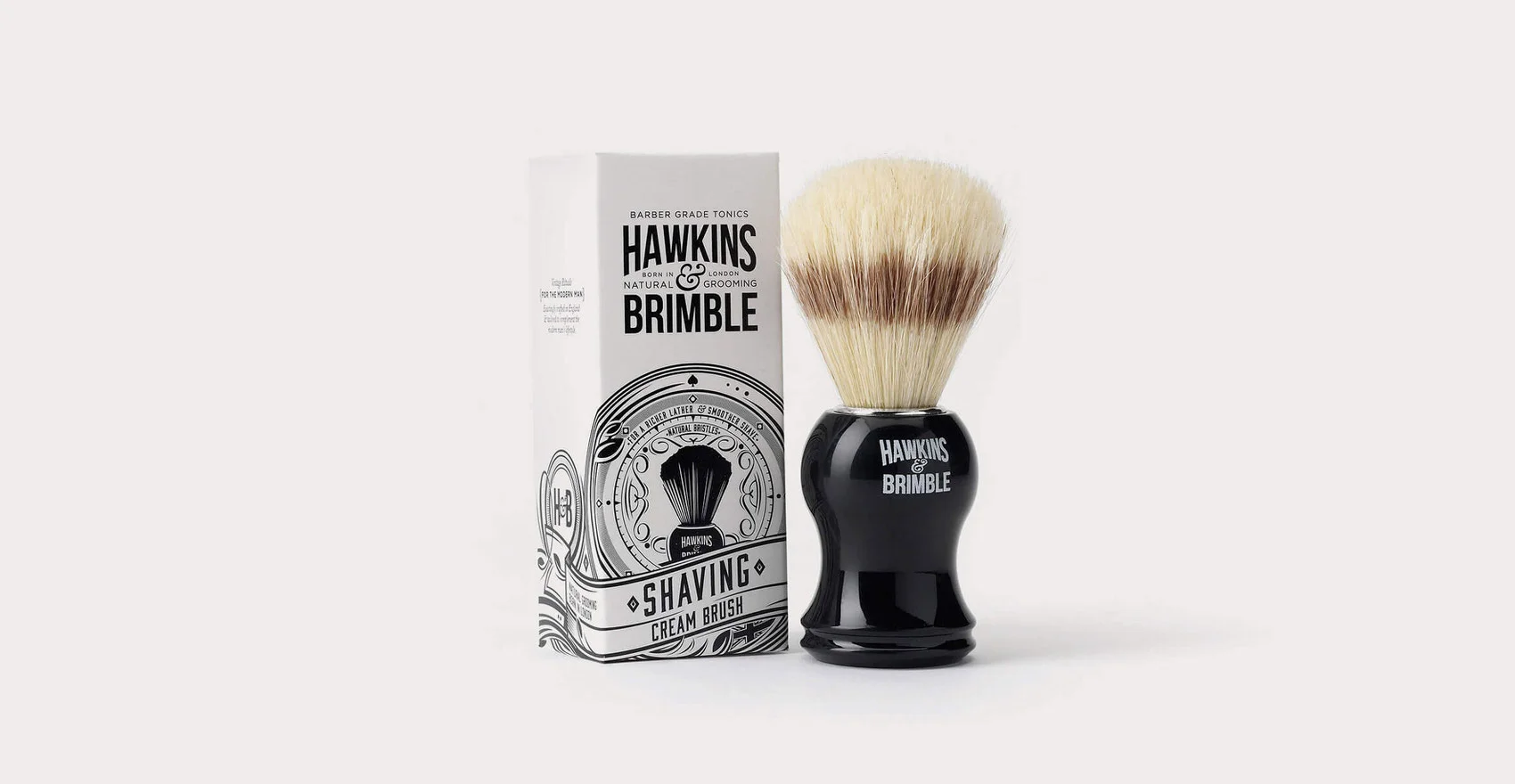 Branding and packaging design for male grooming brand Hawkins and Brimble by Design Happy London - Shaving cream brush
