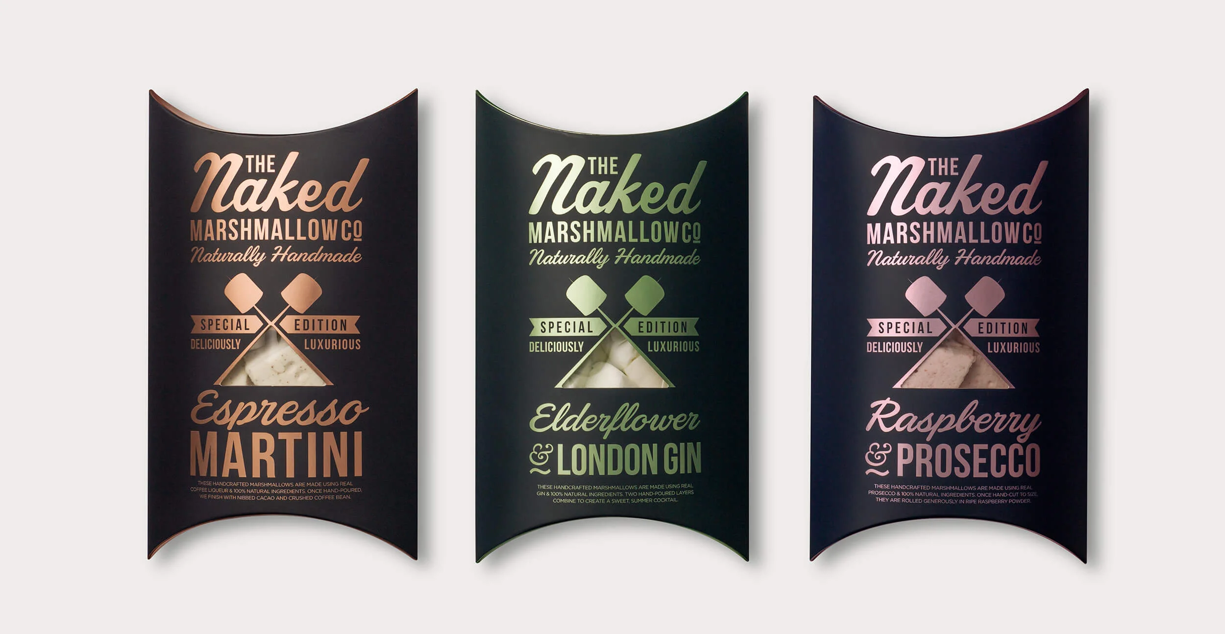 Branding and packaging design for confectionary brand The Naked Marshmallow Co by Design Happy London - Brand Mark design
