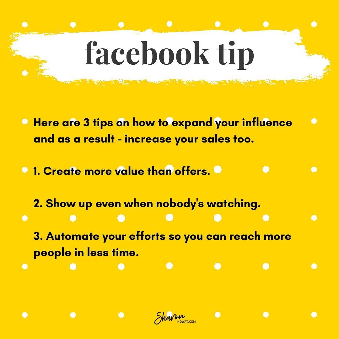 What things do you do to expand your influence on Facebook?

If you want more tips, make sure to hit the link in my bio and join my free group on Facebook @sharon.howat