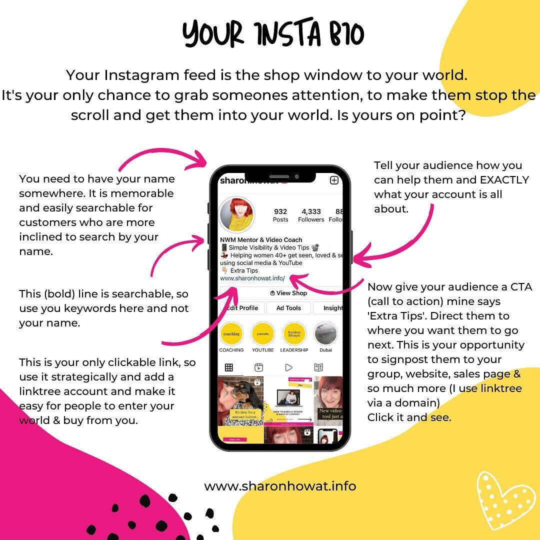 Give your Instagram Bio a spring clean.

Do you freshen up your Insta bio every now and again? Take this post as your opportunity to do just that 👌🏼

Make sure that what your bio says you do, is shown on your graphics. This is your only chance to g