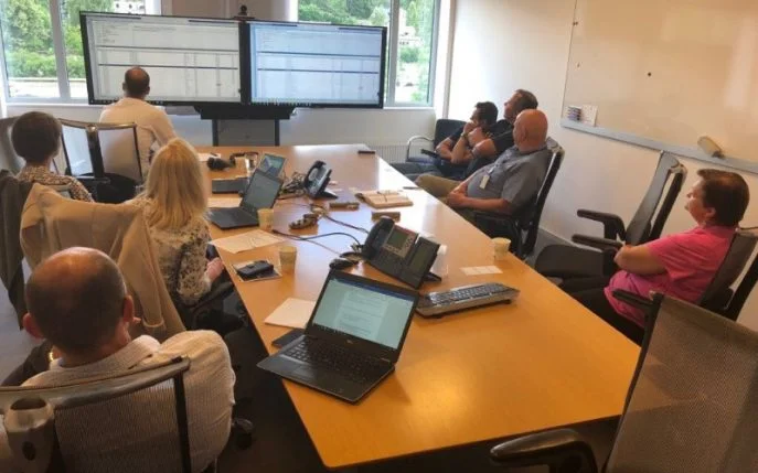 The surveyor together with Klaveness Ship Management in Oslo communicating with Chief Engineer Dorin Ichim conducting the survey