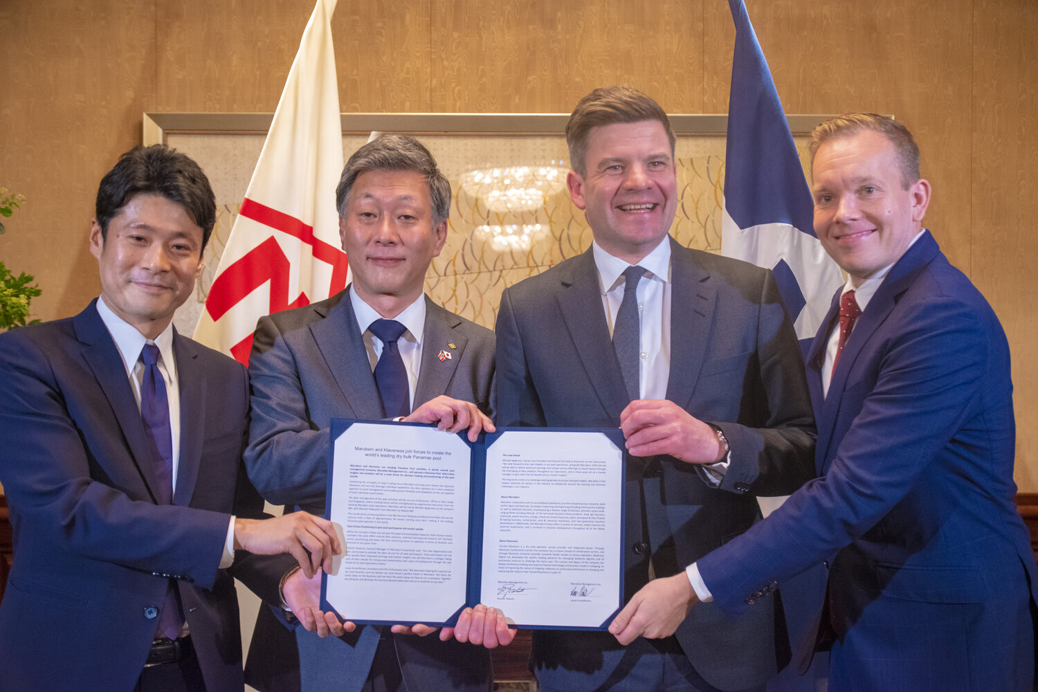 From left: Masashi Kobayashi, Department Manager of the Ship Department of Marubeni Corporation, Kosuke Takechi, COO of Marubeni Corporation, Lasse Kristoffersen CEO and President of Klaveness and Michael Jørgensen, Head of Dry Bulk at Klaveness.