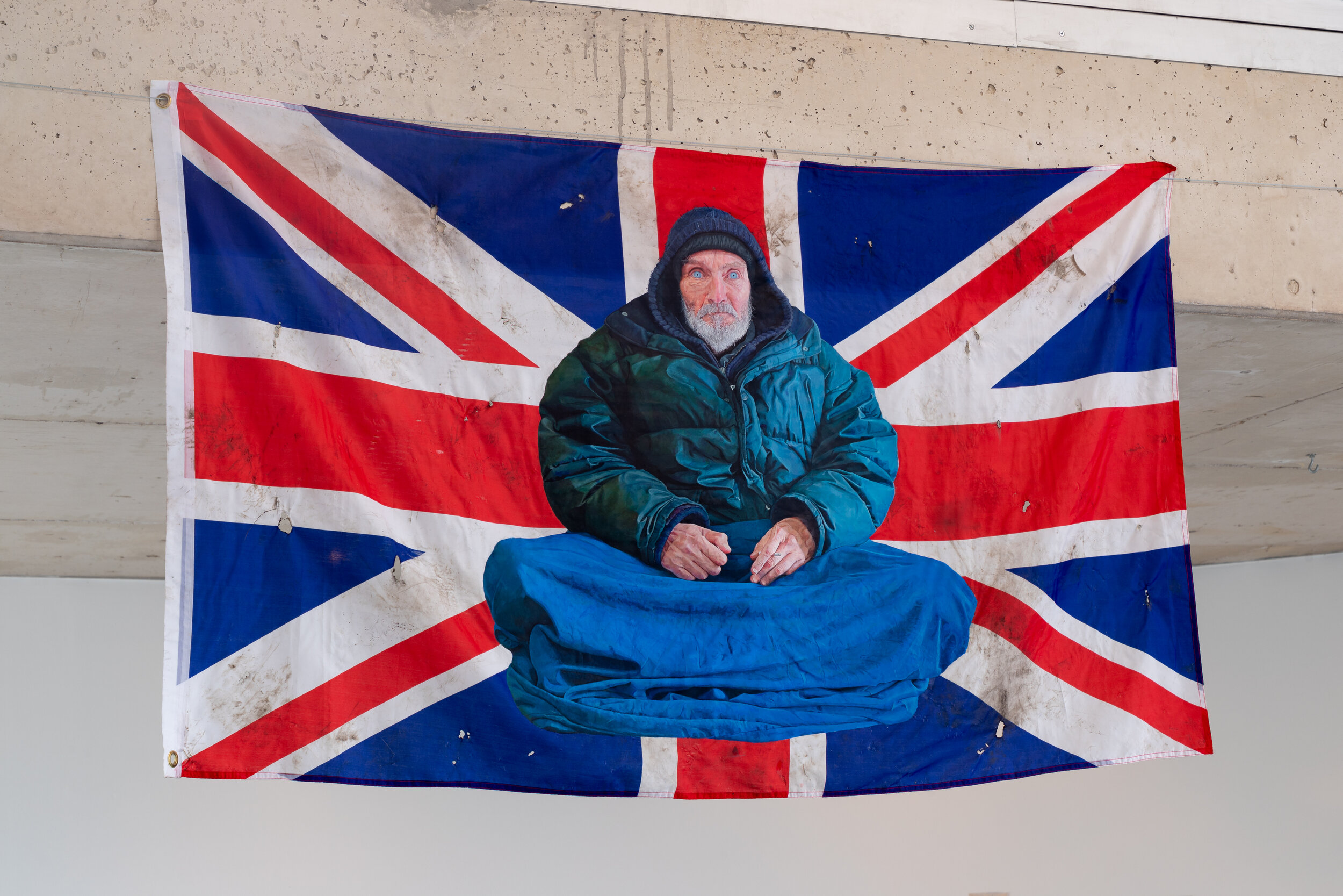 Conor Rogers, Home 2020, Acrylic on Nylon British Flag 150 x 90cm, as installed at Exhibition 'Manor Boy'.jpg