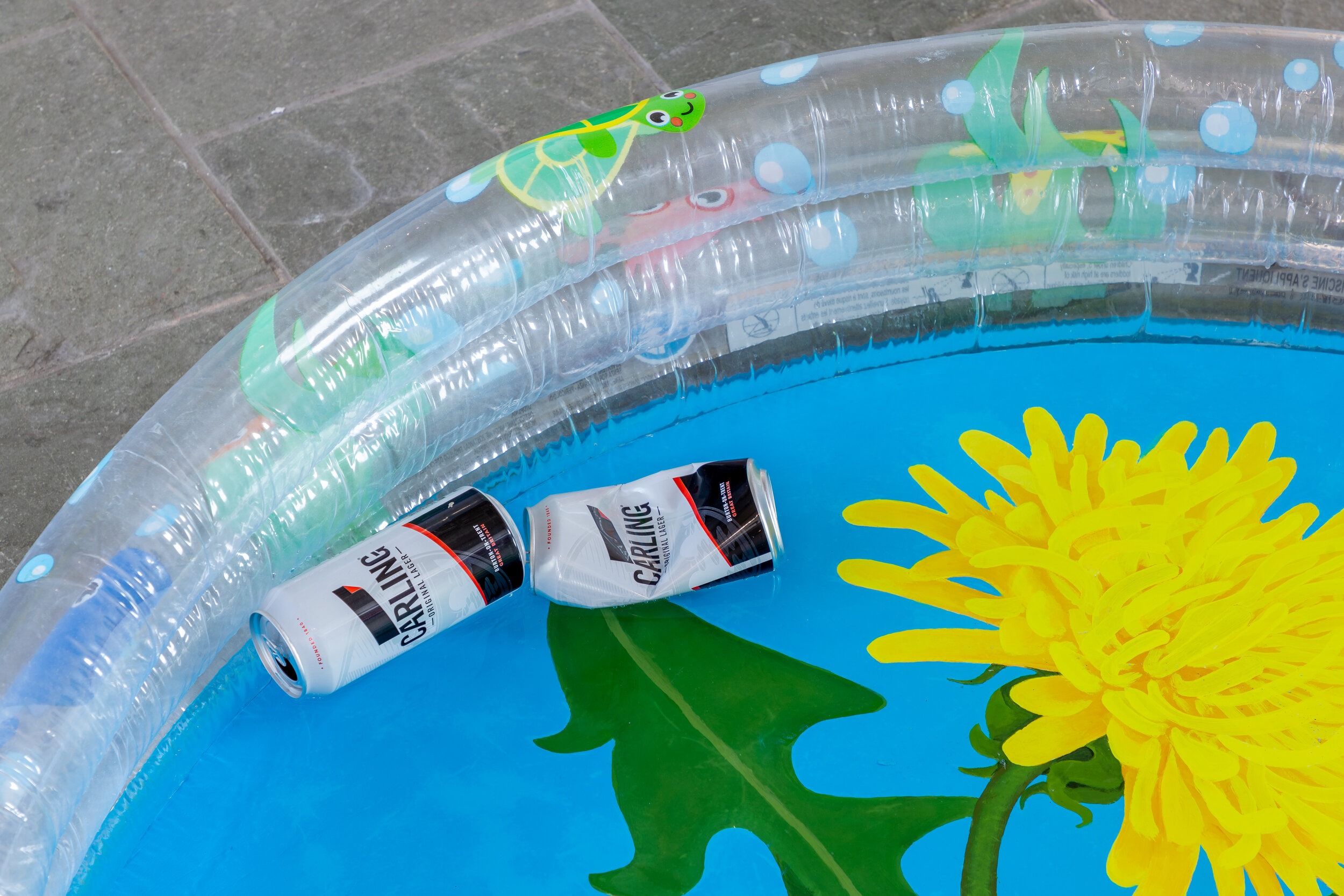 Conor Rogers , 'Lion' 2021, Acylic Paint, Paddling Pool, MDF board, Water, discarded beer cans. H152 x W152 X D30cm sculptural installation and painting. H152 x W152 X D30cm.jpg