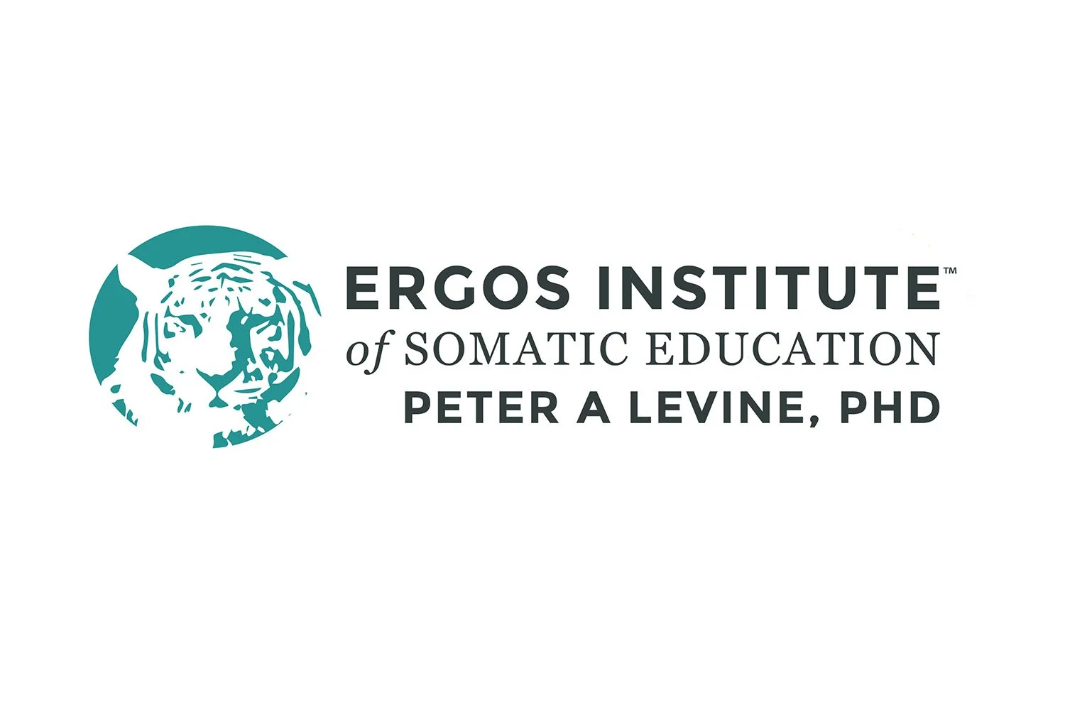 Logo of Ergos Institute of Somatic Education featuring a stylized tiger illustration and text "Peter A Levine, PhD."