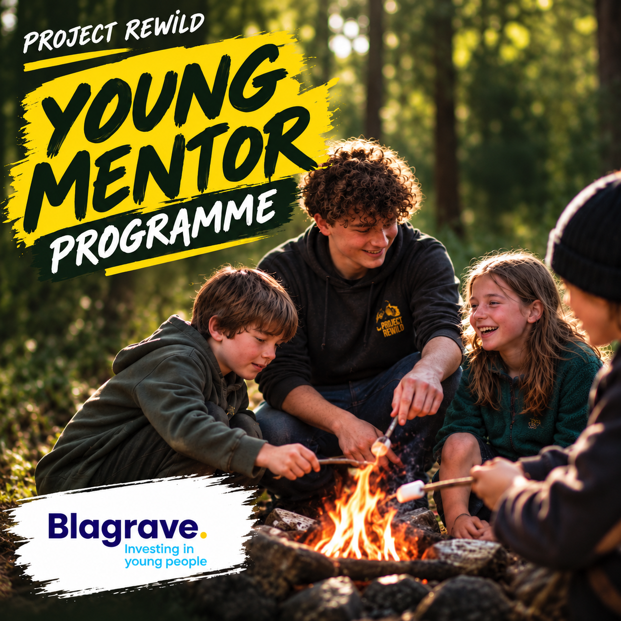 Two children, a boy and a girl, are outdoors in a forest, squatting near a small campfire, smiling and laughing, with trees and greenery in the background. There is text overlay promoting a youth mentorship program with Project Rewild.