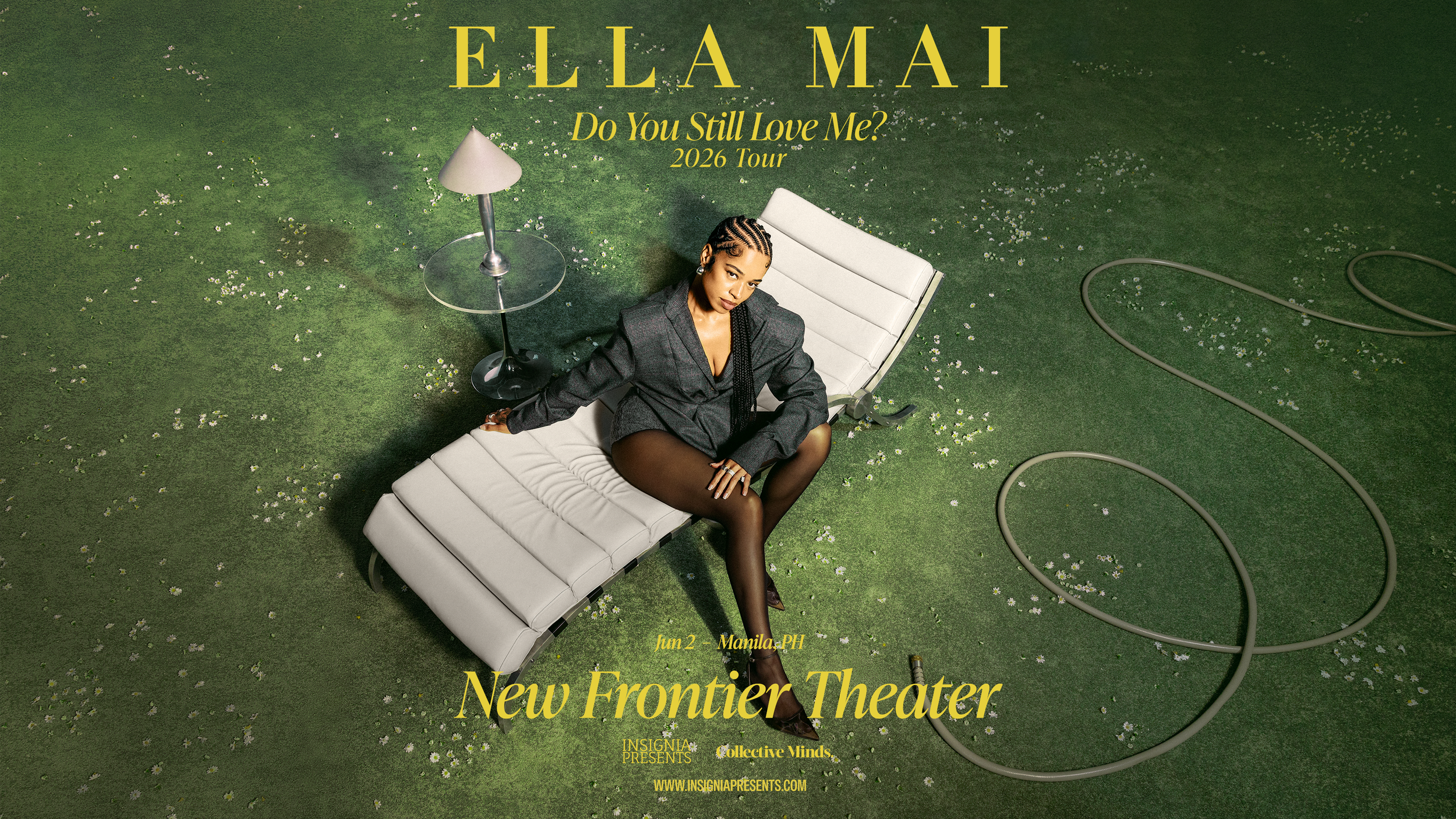 A woman with braided hair sitting on a white outdoor lounge chair on a green grassy area. There is a small table with a lamp next to her and older electrical cords on the ground. The text on the image reads 'Ella Mai, Do You Still Love Me? 2026 Tour, Jun 2 - Manila, PH, New Frontier Theater, Insignia Presents, Collective Minds, www.insigniapresents.com.'