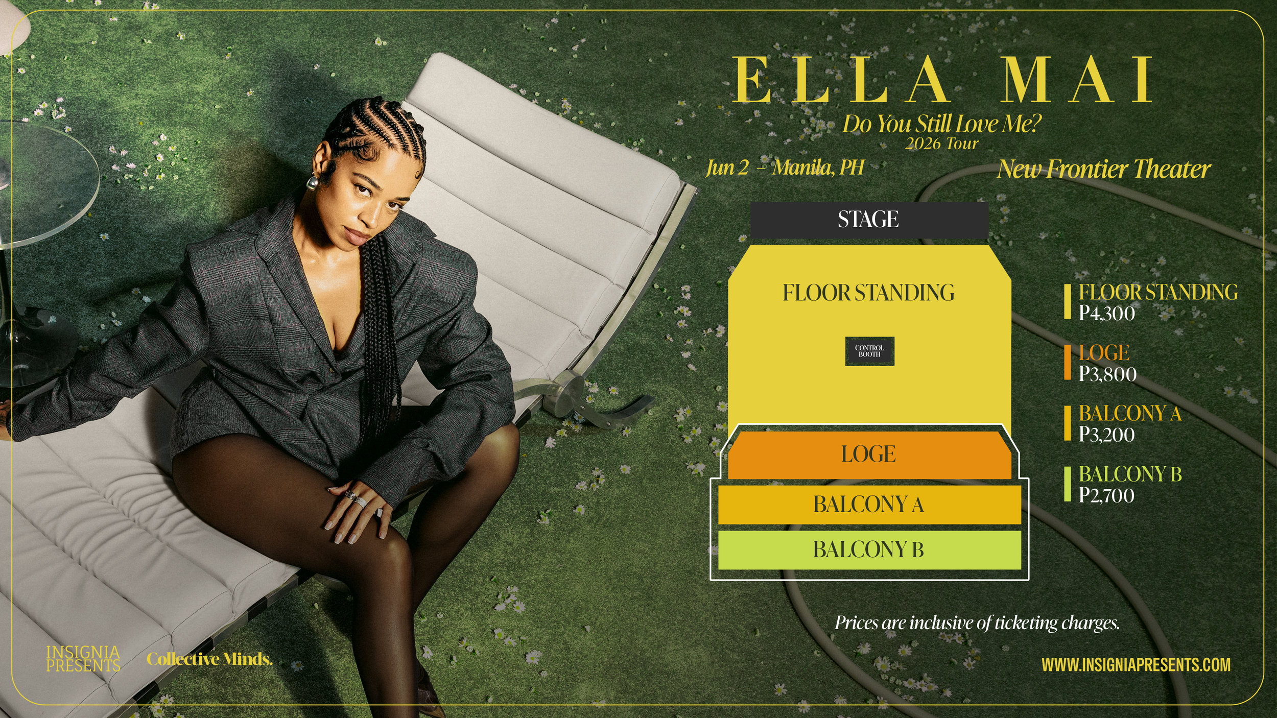 A woman with braided hair and earrings sitting on a white lounge chair on a green artificial grass surface with small flowers, advertising Ella Mai's 2026 tour concert at the New Frontier Theater in Manila, Philippines, on June 2.