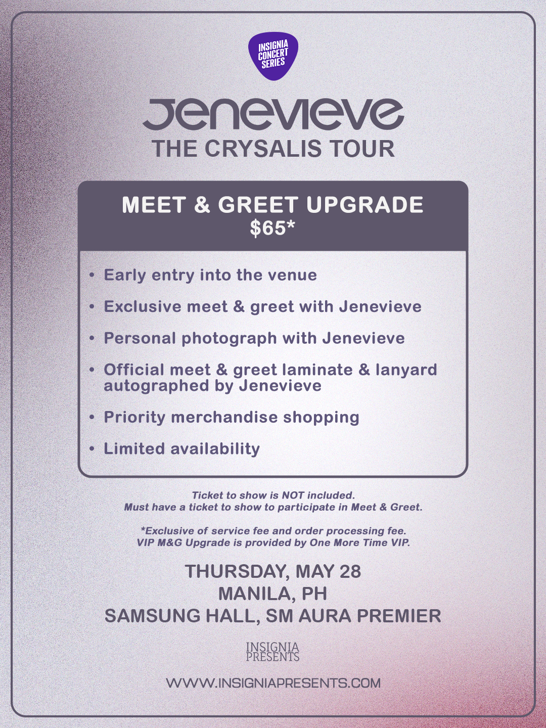 Event flyer for Jenevive's 'The Cryalis Tour' featuring an upgraded meet and greet package at $65, including early entry, exclusive meet and greet, personal photograph, official autograph, merchandise shopping, and limited availability, on Thursday, May 28, at Samsung Hall, Manila, Philippines.