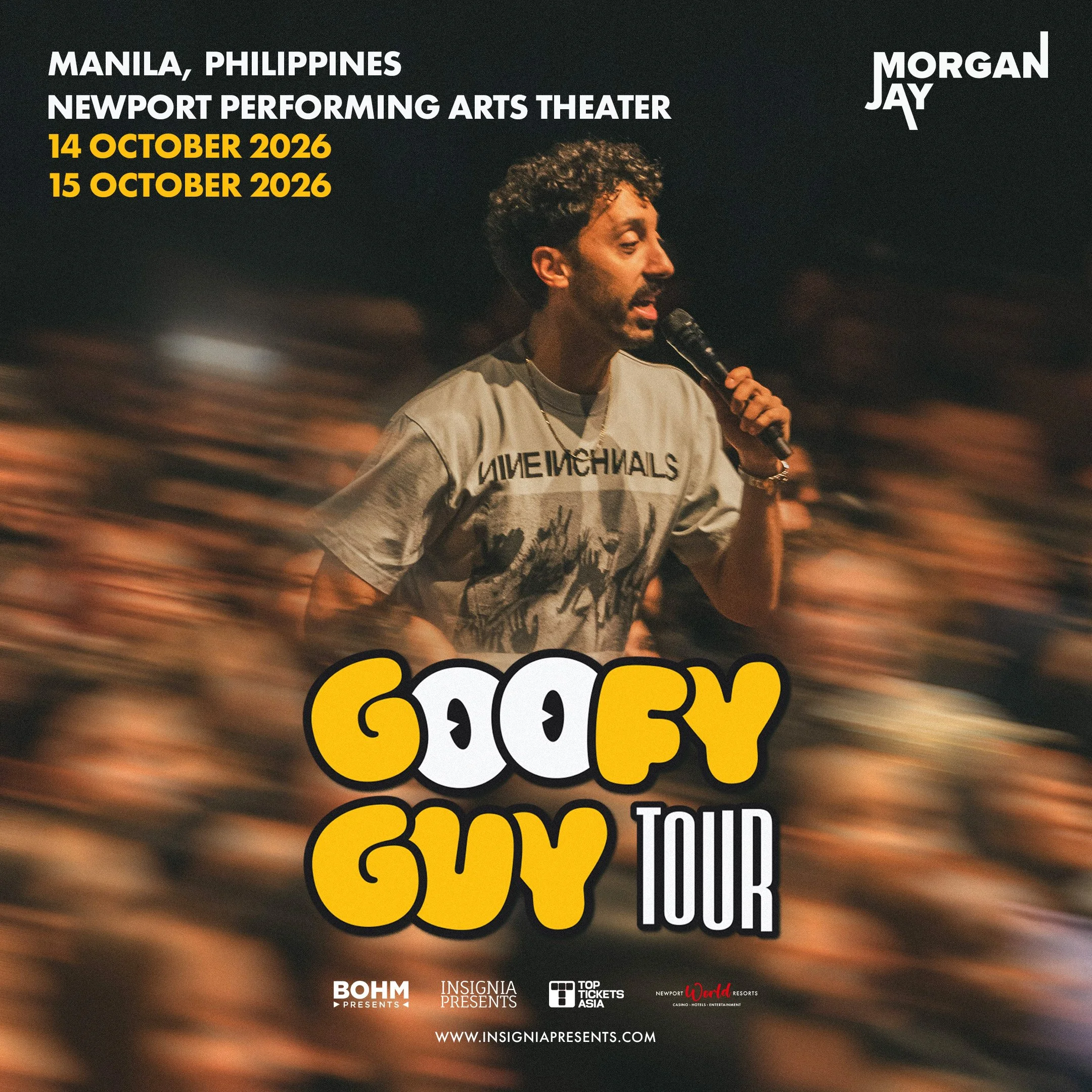 Poster for Goofy Guy Tour featuring Morgan Jay, scheduled for October 14 and 15, 2026, at Newport Performing Arts Theater in Manila, Philippines
