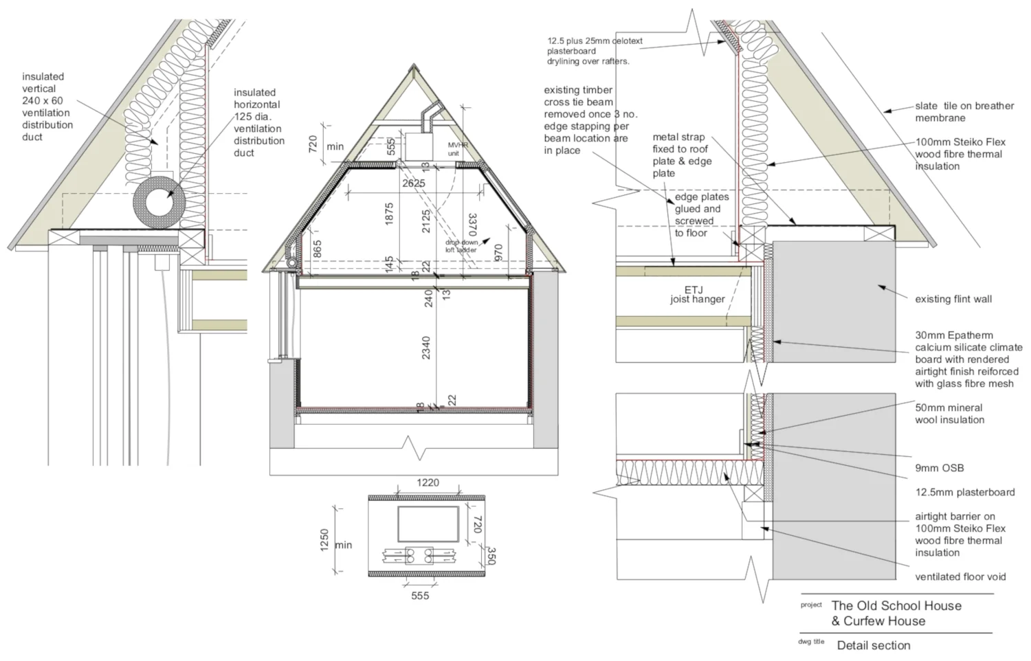 The use of calcium silicate board and vapour permeable barrier to allow the sold flint wall to breather which with the MVHR heat exchange ventilation avoids condensation problems