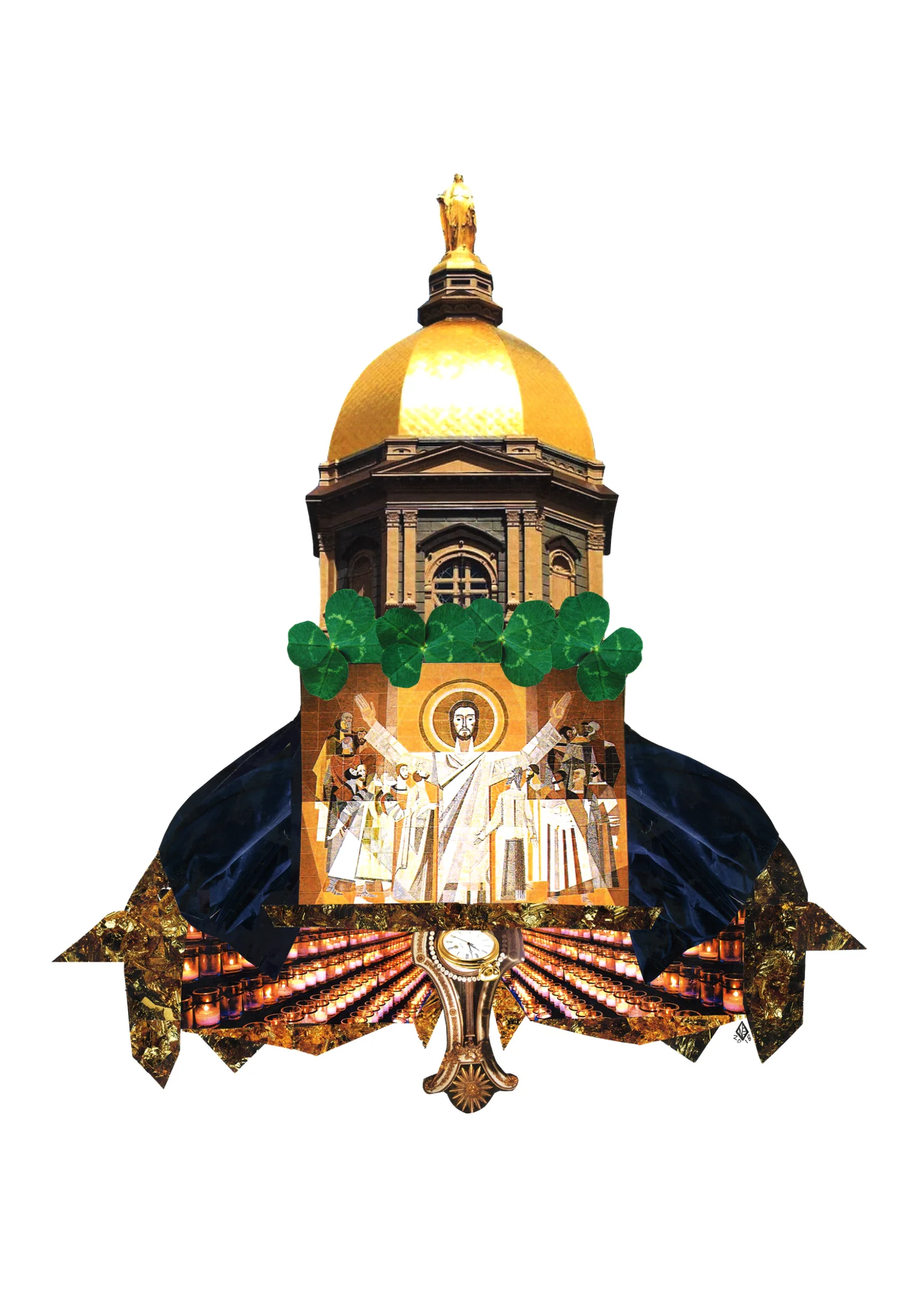 Tradition, 11x14, 2018 This piece pays homage to the University of Notre Dame, with its faithful traditions, stunning campus, and brilliant people. The gold throughout represents the regality and beauty of the campus and the spirit of Notre Dame. The four leaf clovers represent the luck of the Fighting Irish. The navy blue fabric conveys a sense of tradition- through resembling a football jersey, a graduation gown, and curtains opening to the grotto. The Word of Life mural, or Touchdown Jesus, is mirrored with a clock. This represents the history and time honored traditions that are so prevalent at Notre Dame.
