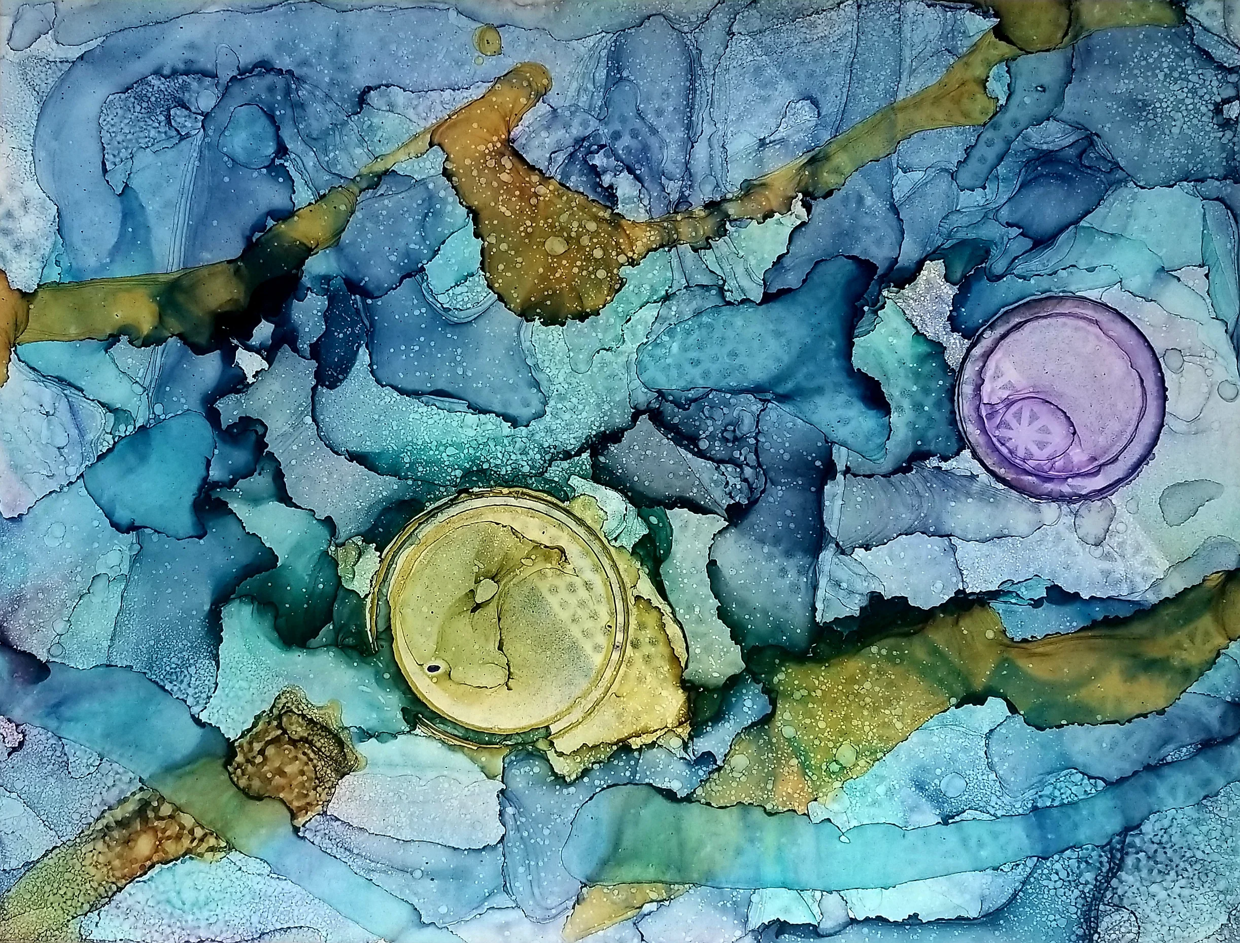 Sug. O'Shen - 'Los Tres Ojos (DR)', alcohol ink, charcoal, water from the source, on Yupo; 36 x 28, 2018- $2295..jpg