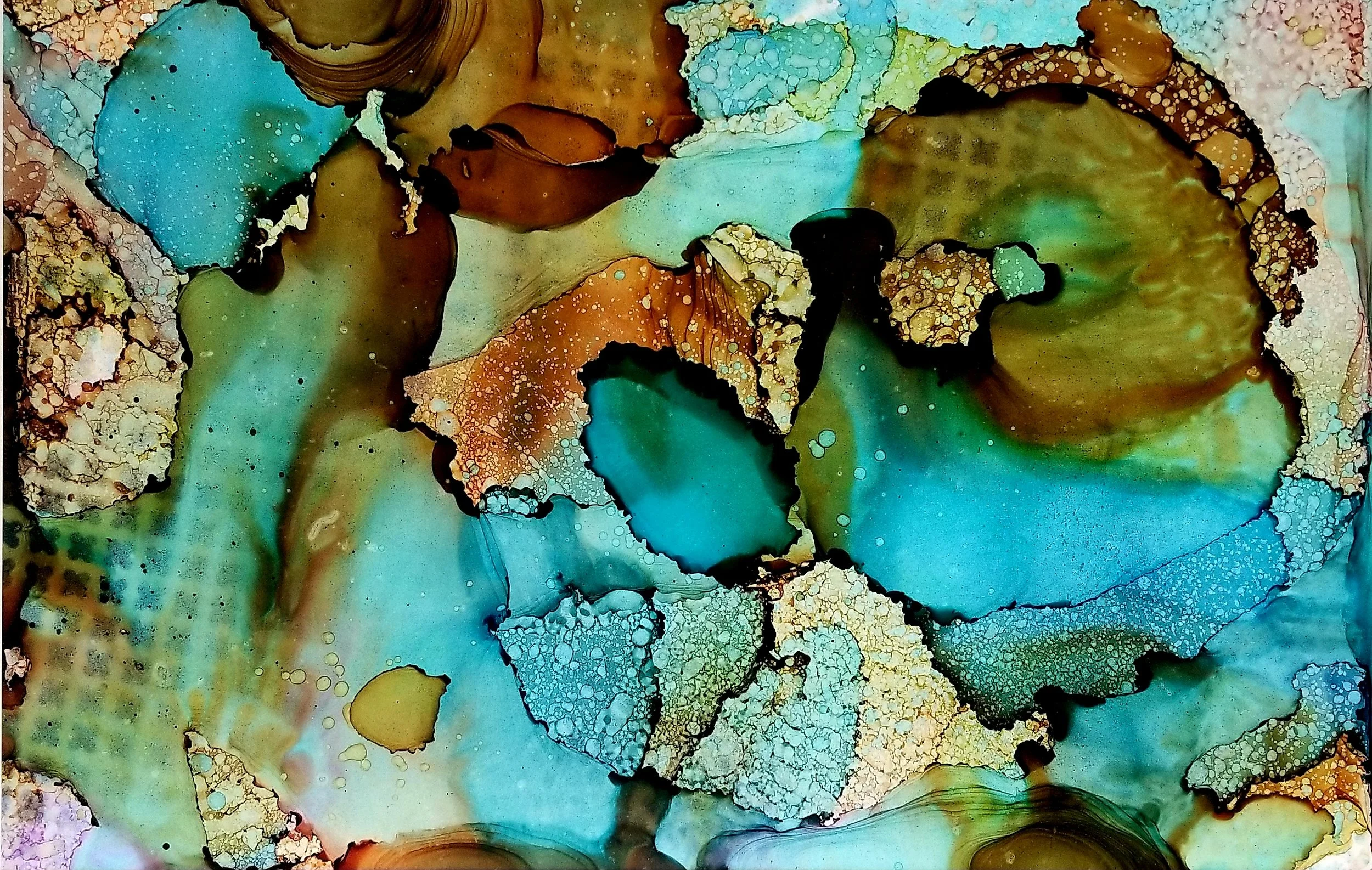 Sug. O'Shen - 'Lake Zurich', alcohol ink, charcoal, water from the source, on Yupo; 25 x 18, 2018- $1295..jpg