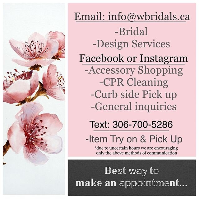 Email, text or DM only, please no phone calls! You can begin booking your appointment starting Monday June 8th. 
Bridal Shopping: Screen capture the fourth image, fill it in using your phone&rsquo;s editor and email it in. 
Merchandise Try on &amp; P