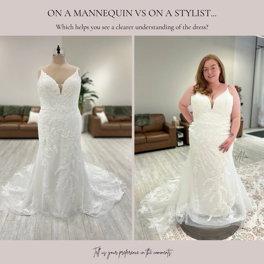 The mannequin shows you the gown.... The stylist shows you the vision. ✨

Seeing a dress on a person can help you understand the way the neckline sits, how the silhouette follows the body, how the skirt moves, and&mdash;most importantly&mdash;how the