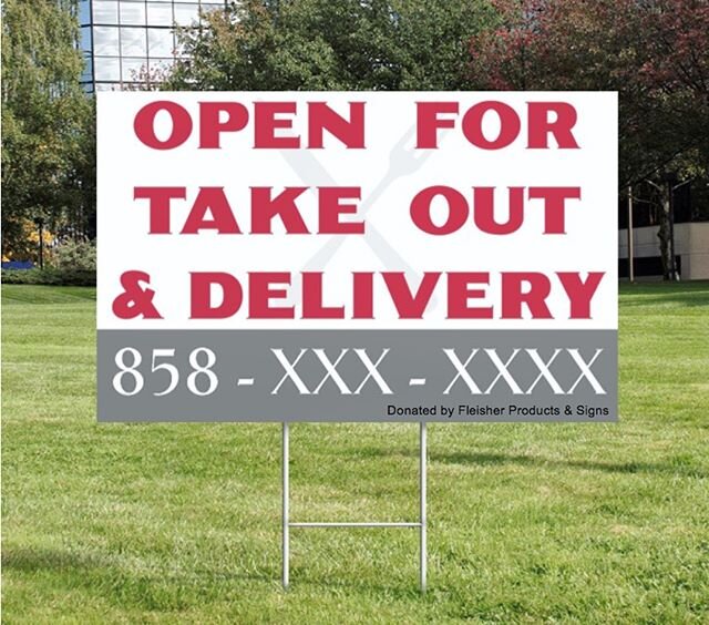 FREE SIGN for any Poway food establishment still offering take out or delivery! Please share this post! Send an email with your phone number to marketing@fleisherproducts.com by March 29th. Must be a small business, we will deliver, no purchase neces