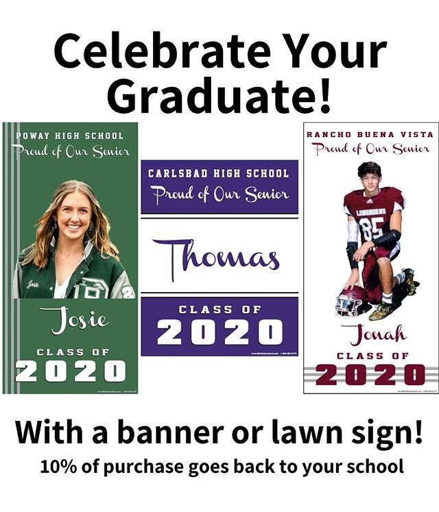 Celebrate your graduate with our customized graduation banners and lawn signs. Fill out the order form online, link in bio!
#2020graduate🎓 #2020graduation #weloveourseniors #2020seniors #powayhighschool #lacostacanyonhighschool #lccmavs #ranchobuena