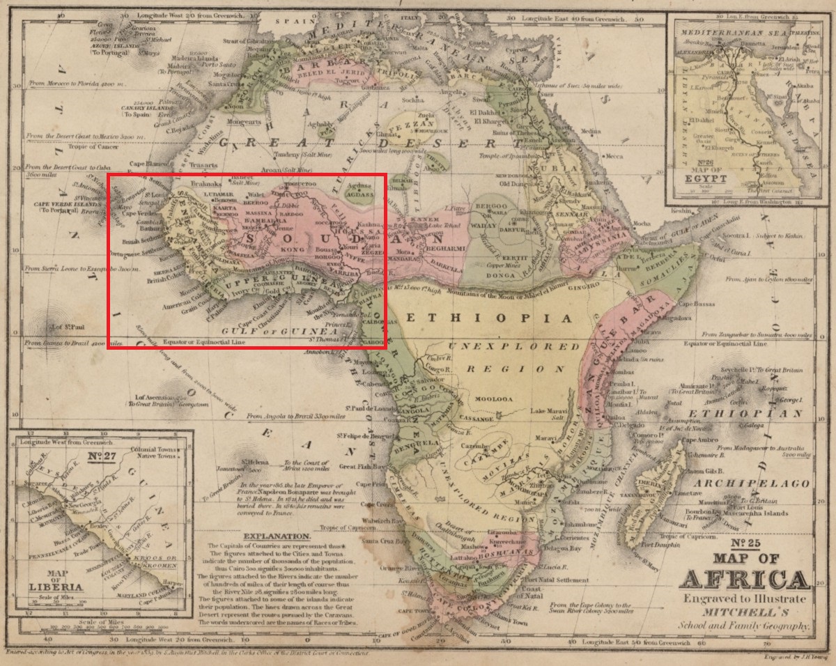 Figure 1: Map of Africa published by Jesse Mitchell (1839)
