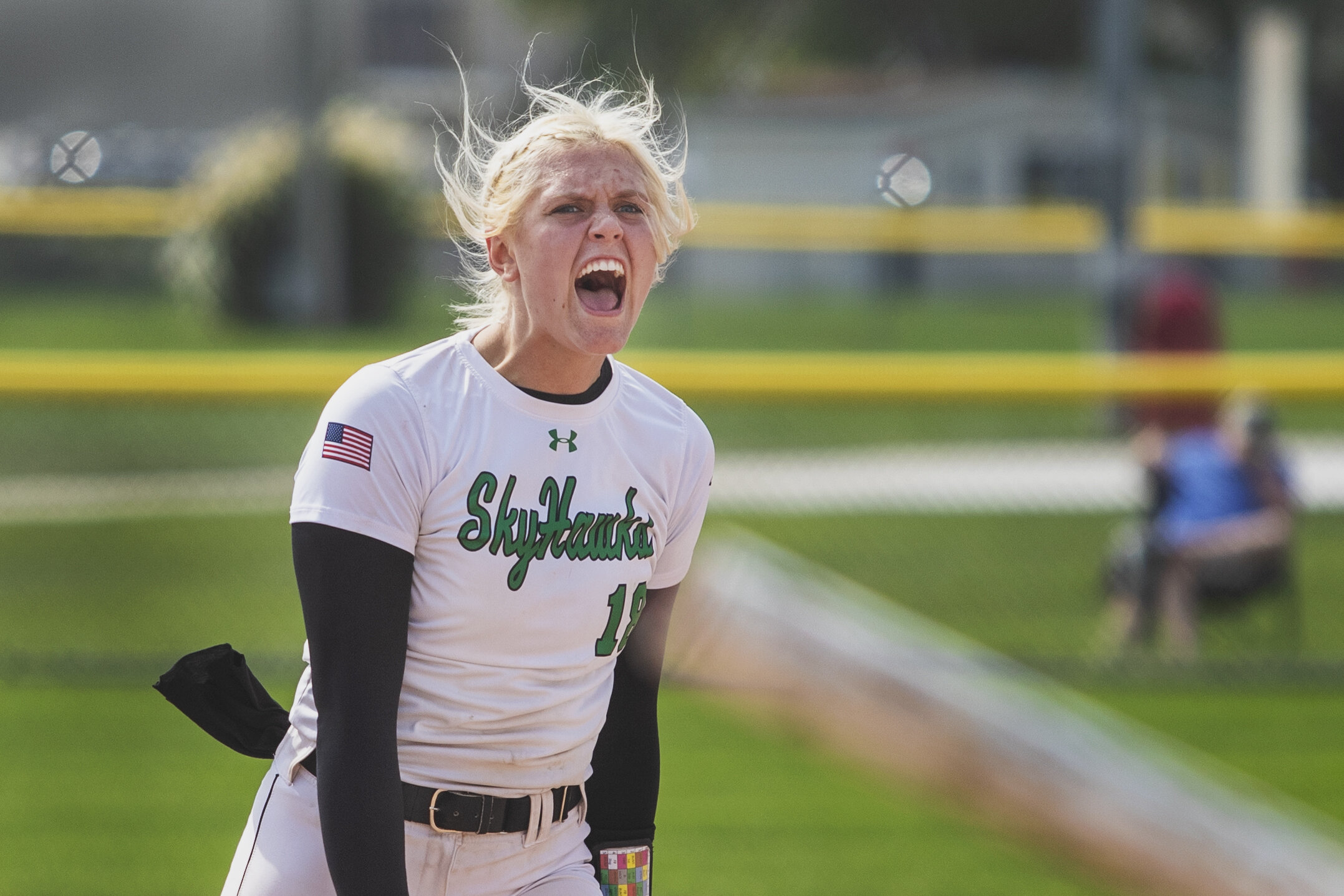  Omaha Skutt pitcher Ruby Meylan (18) celebrates striking out the final Lincoln East batter in the first overtime inning during the Southeast Invitational at the Doris Bair Sports Complex on Saturday, September 26, 2020, in Lincoln, Nebraska. KENNETH