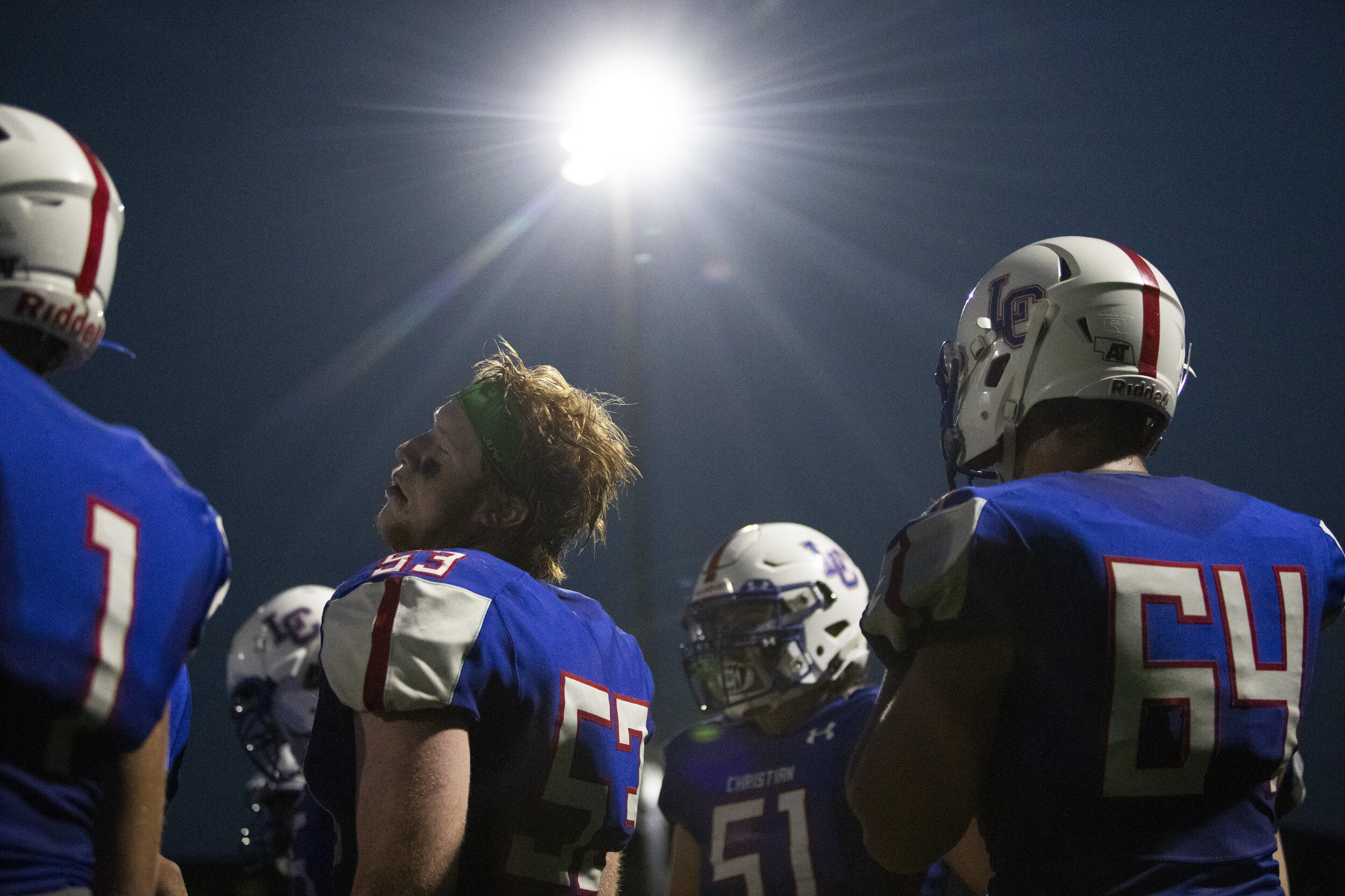  Lincoln Christian's Jackson Emanuel (53) rests on the sideline between plays at Lincoln Christian High School on Friday, September 18, 2020, in Lincoln, Nebraska. KENNETH FERRIERA, Journal Star.  