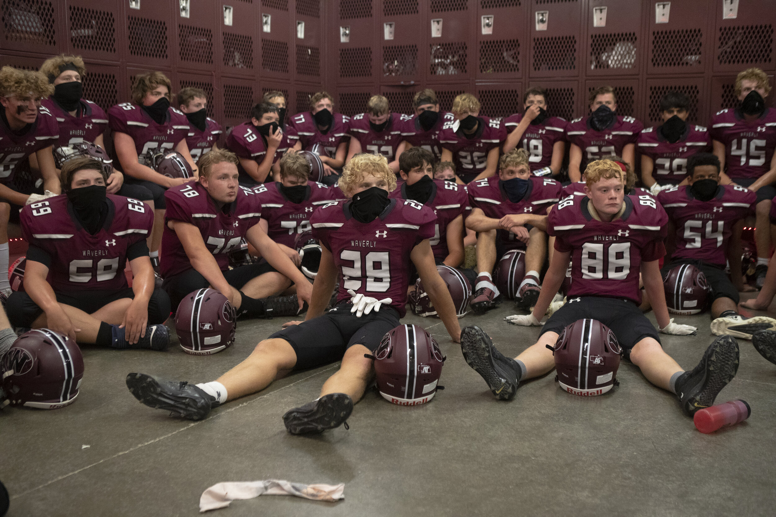  Waverly waits for the game to start in the locker room at Waverly High School during the matchup between No.1 Omaha Skutt and No.2 Waverly on Friday, 9 04, 2020, in Waverly, Nebraska.  